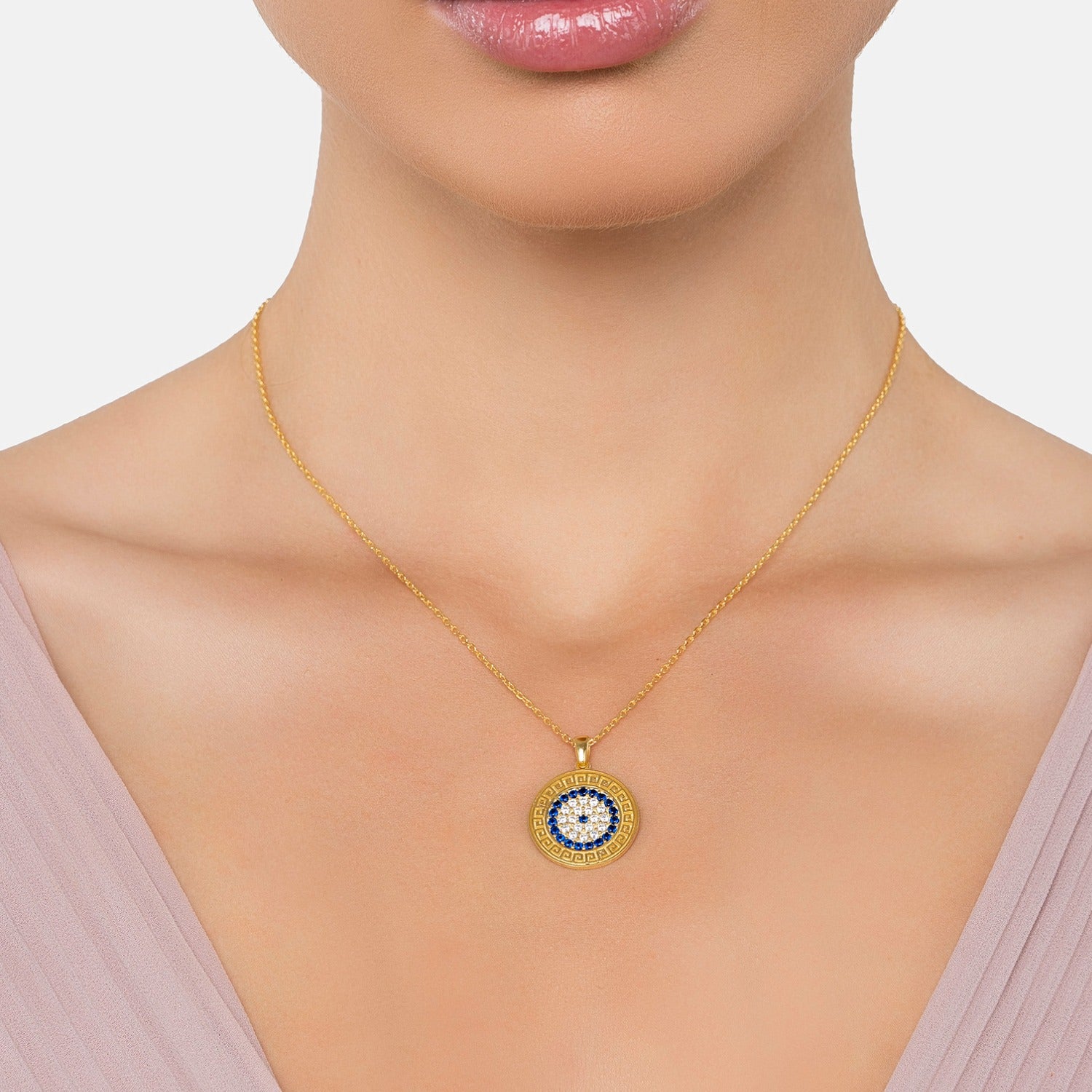 Greek Evil Eye Disc Pendant Necklace Gold