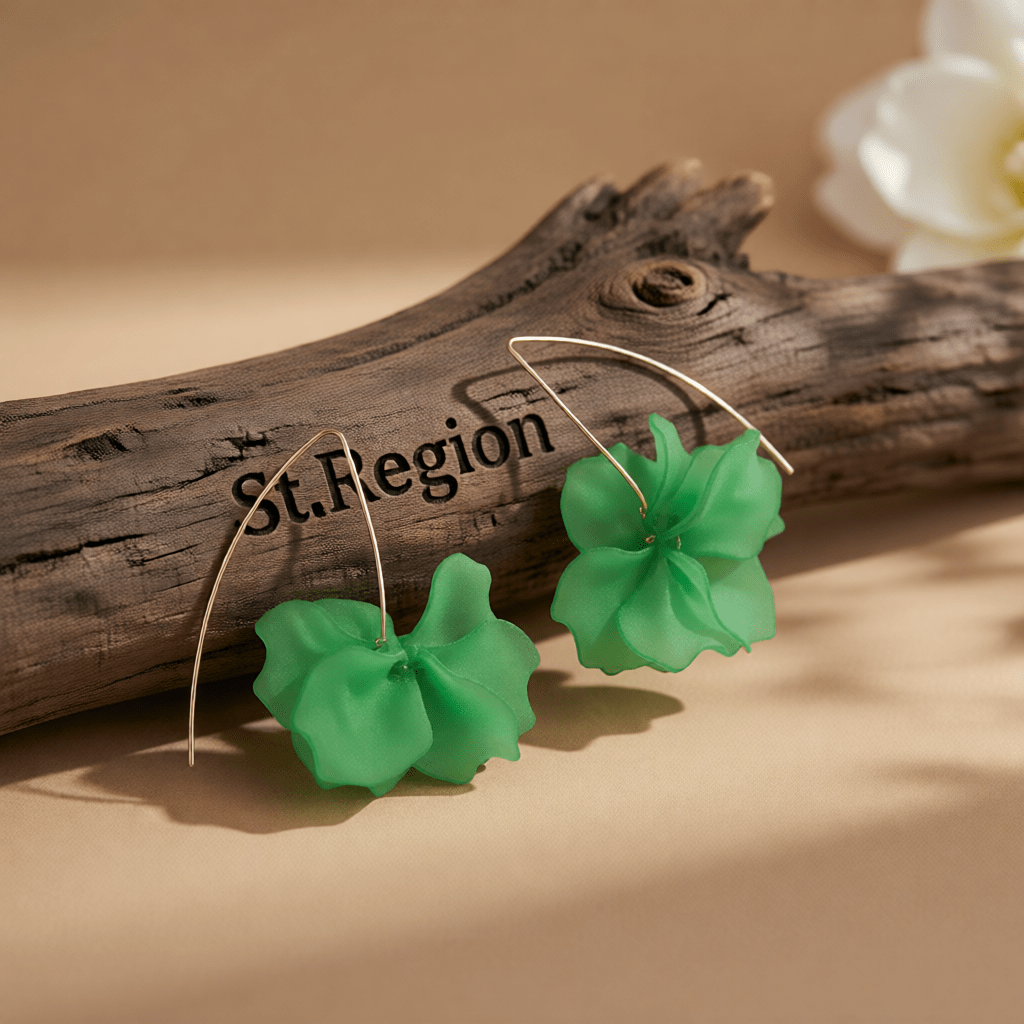Green Acrylic & Goldtone Petals Drop Earrings