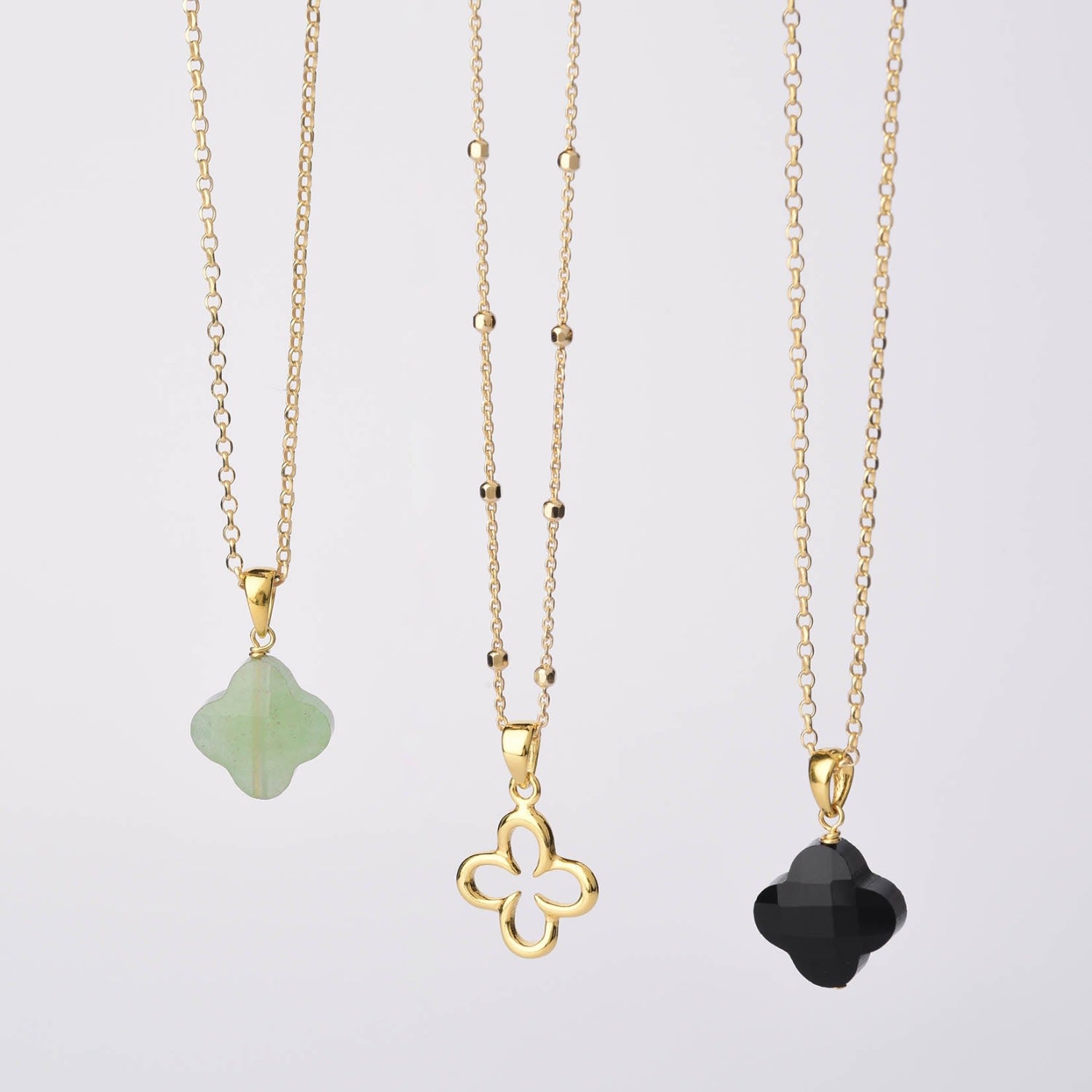 Green Aventurine Gem Clover Necklace Gold Plated Sterling Silver