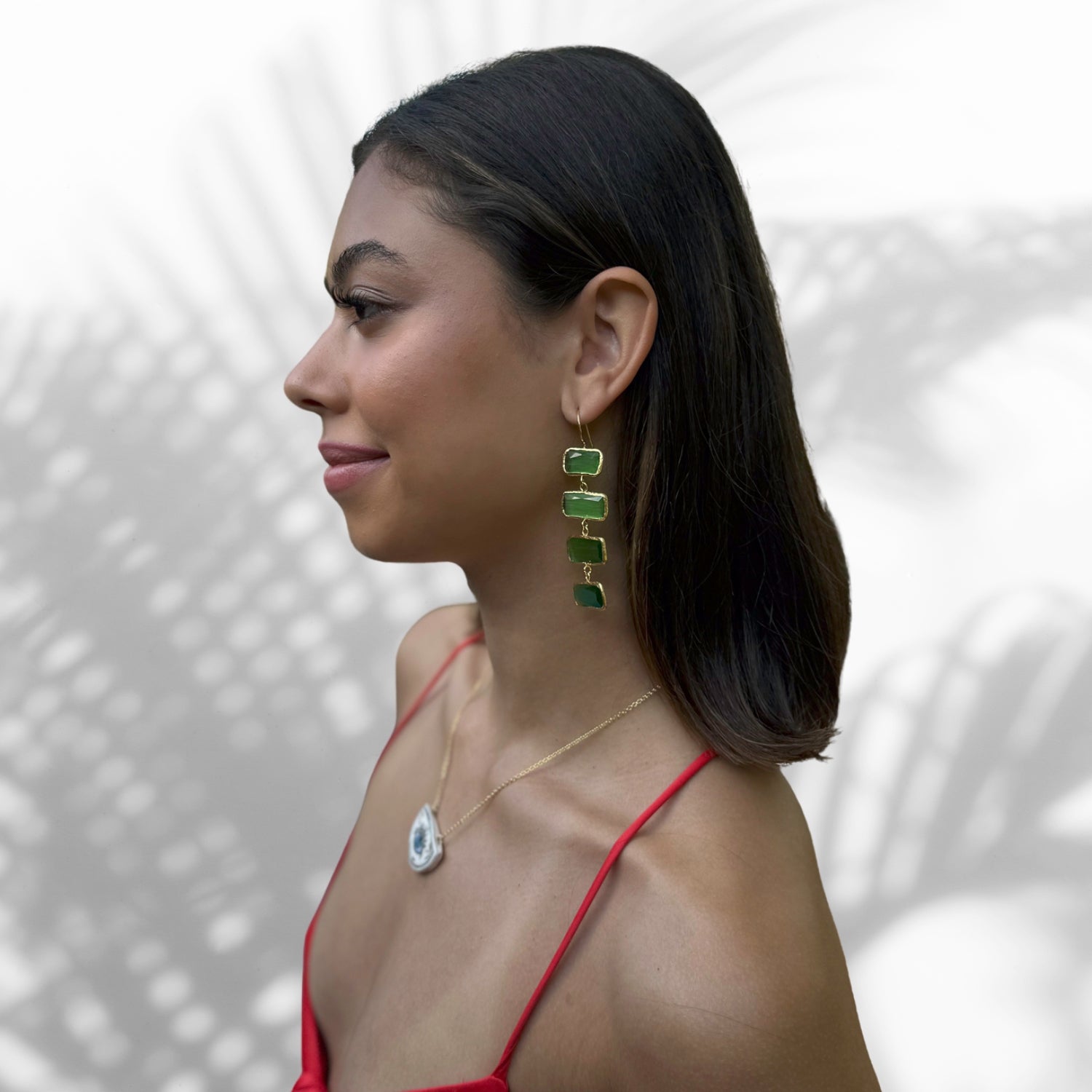 Green Dangle Cat Eye Stone Gold Earring - Gold