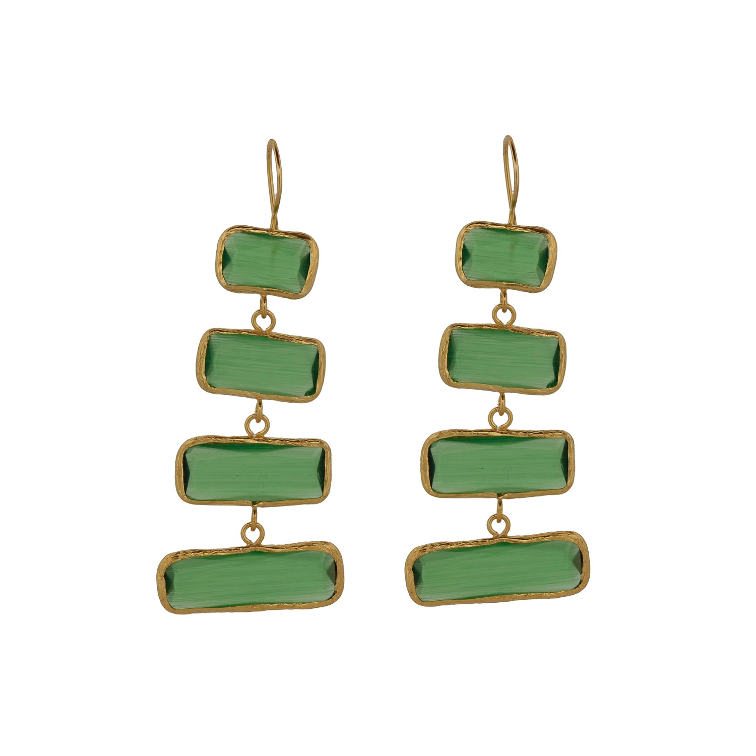 Green Dangle Cat Eye Stone Gold Earring - Gold