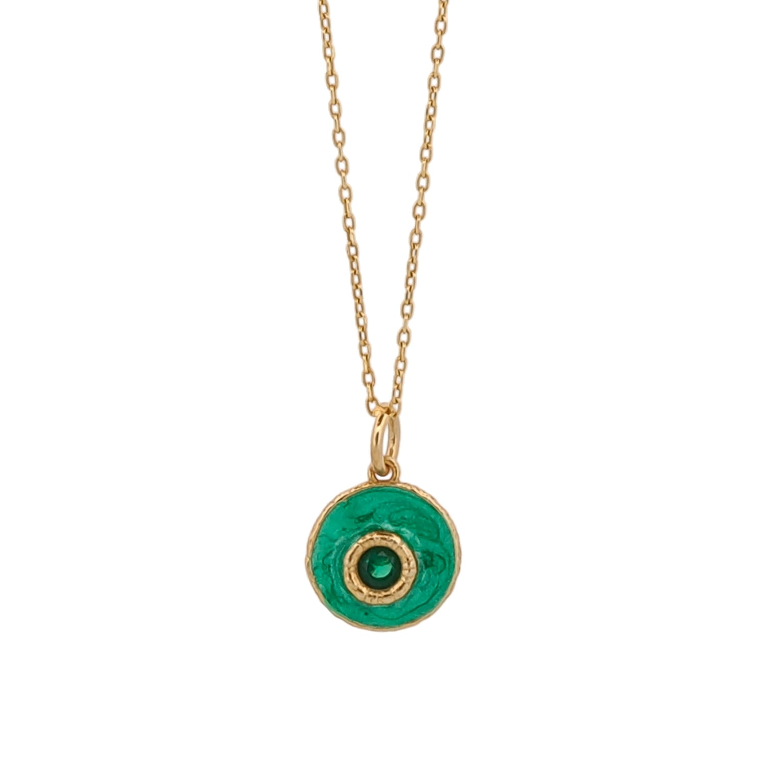 Green Enamel & Jade Stone Evil Eye Gold Chain Necklace - Green