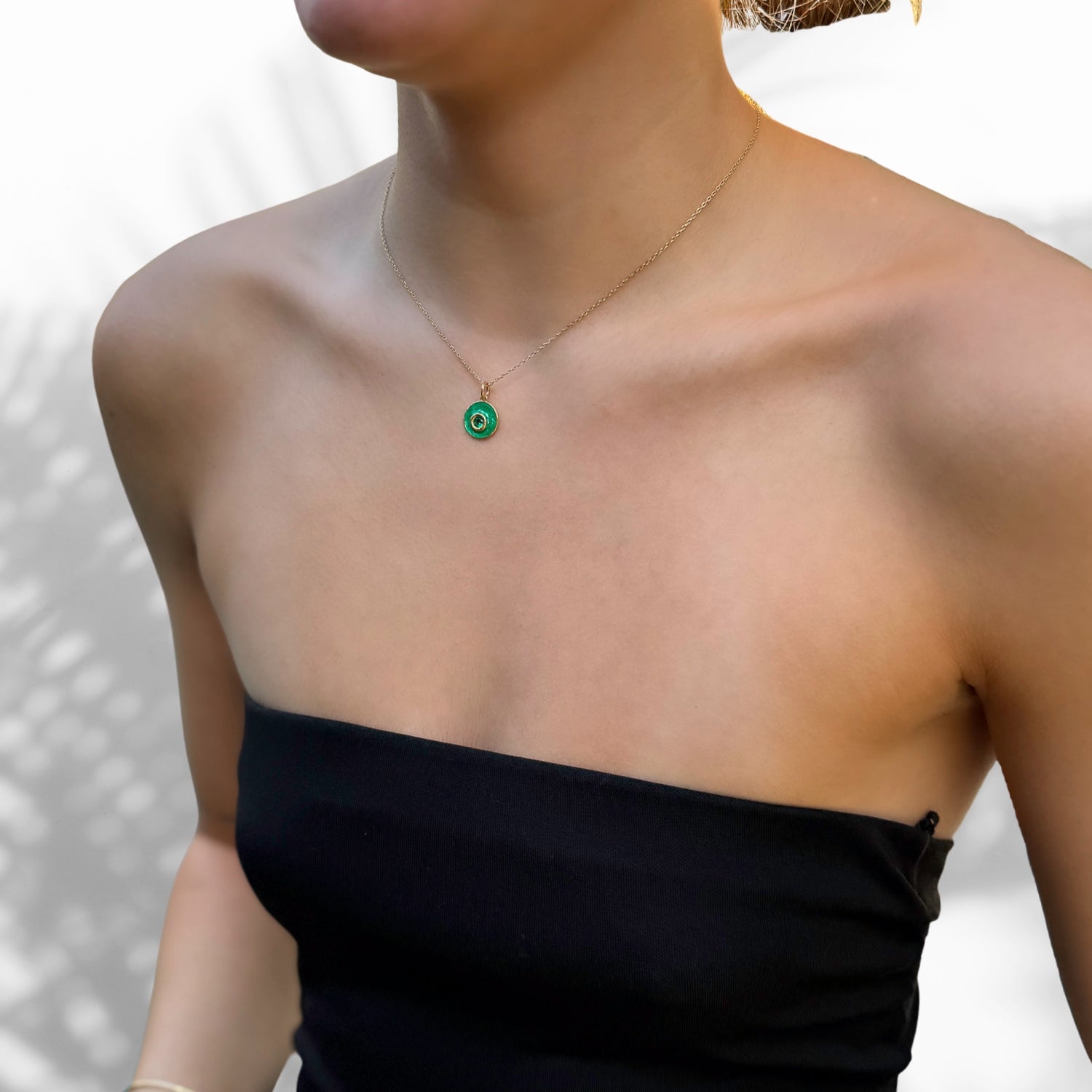 Green Enamel & Jade Stone Evil Eye Gold Chain Necklace - Green