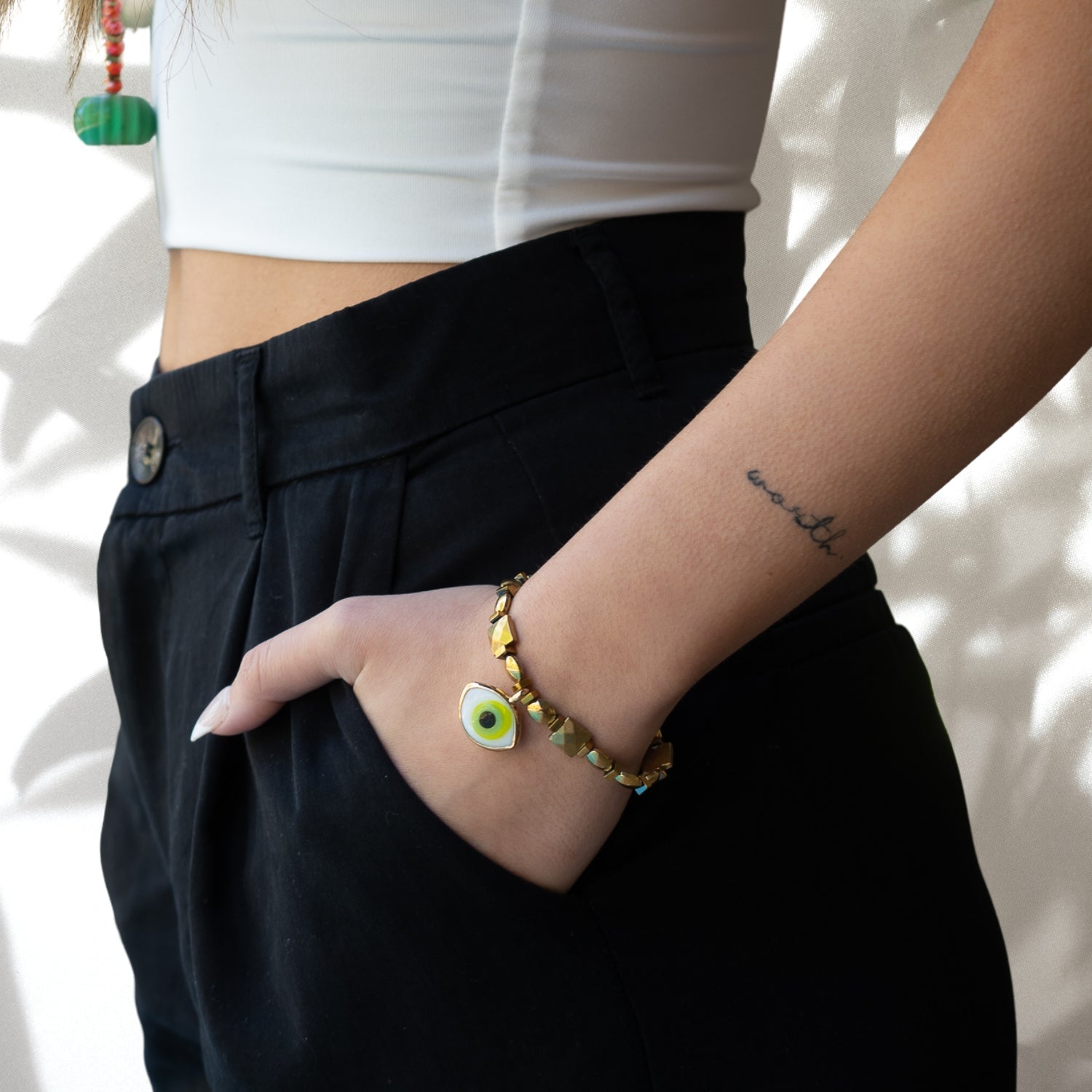 Vitality Green Evil Eye Gold Hematite Stone Bracelet - Gold