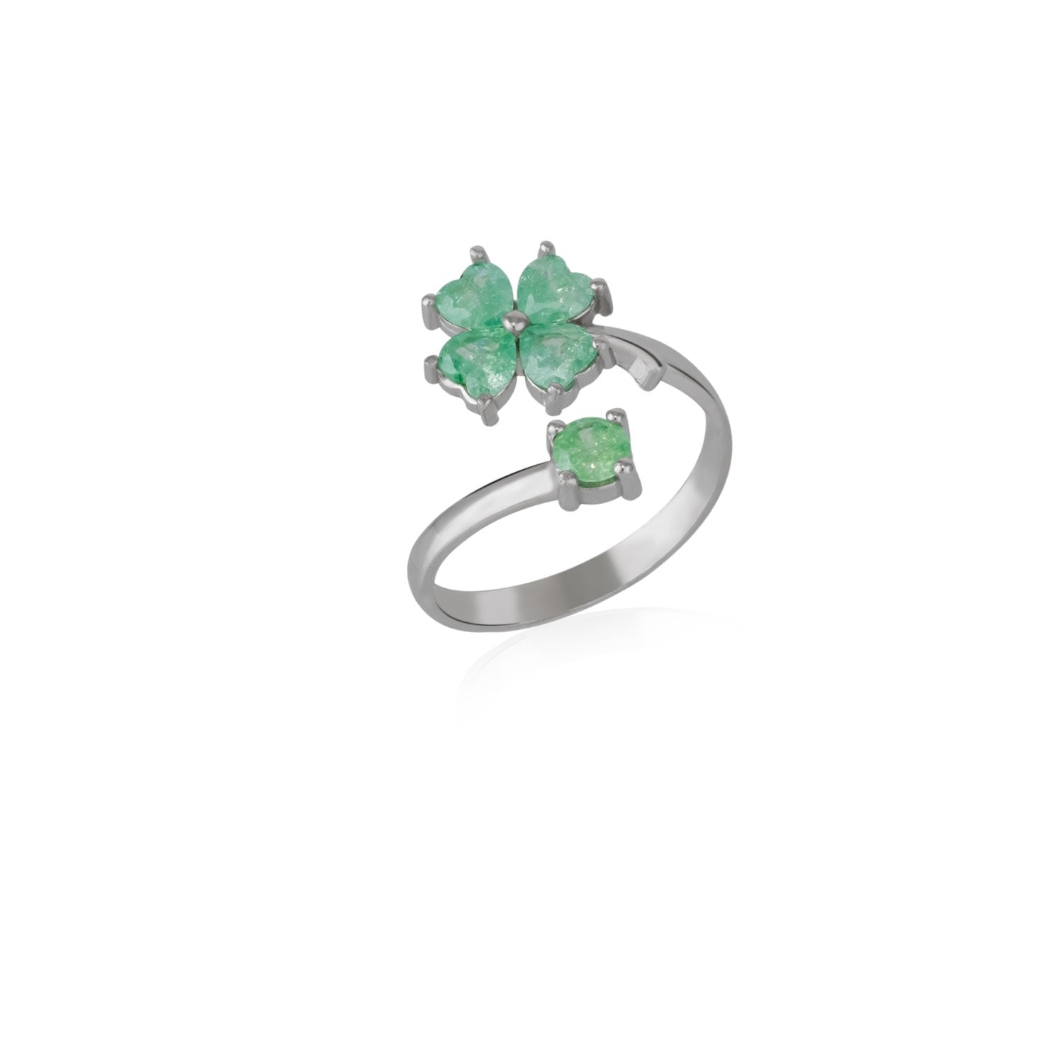 Green Four Leaves Clover Luck Ring Sterling Silver - Silver
