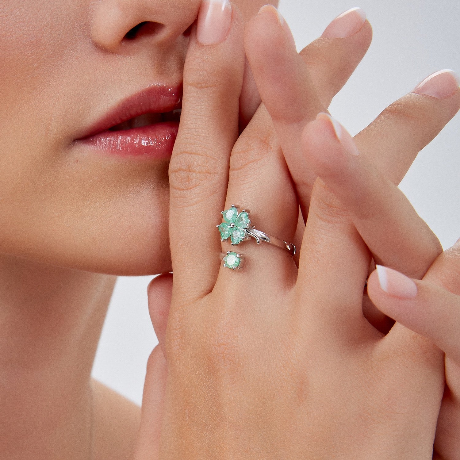 Green Four Leaves Clover Luck Ring Sterling Silver - Silver