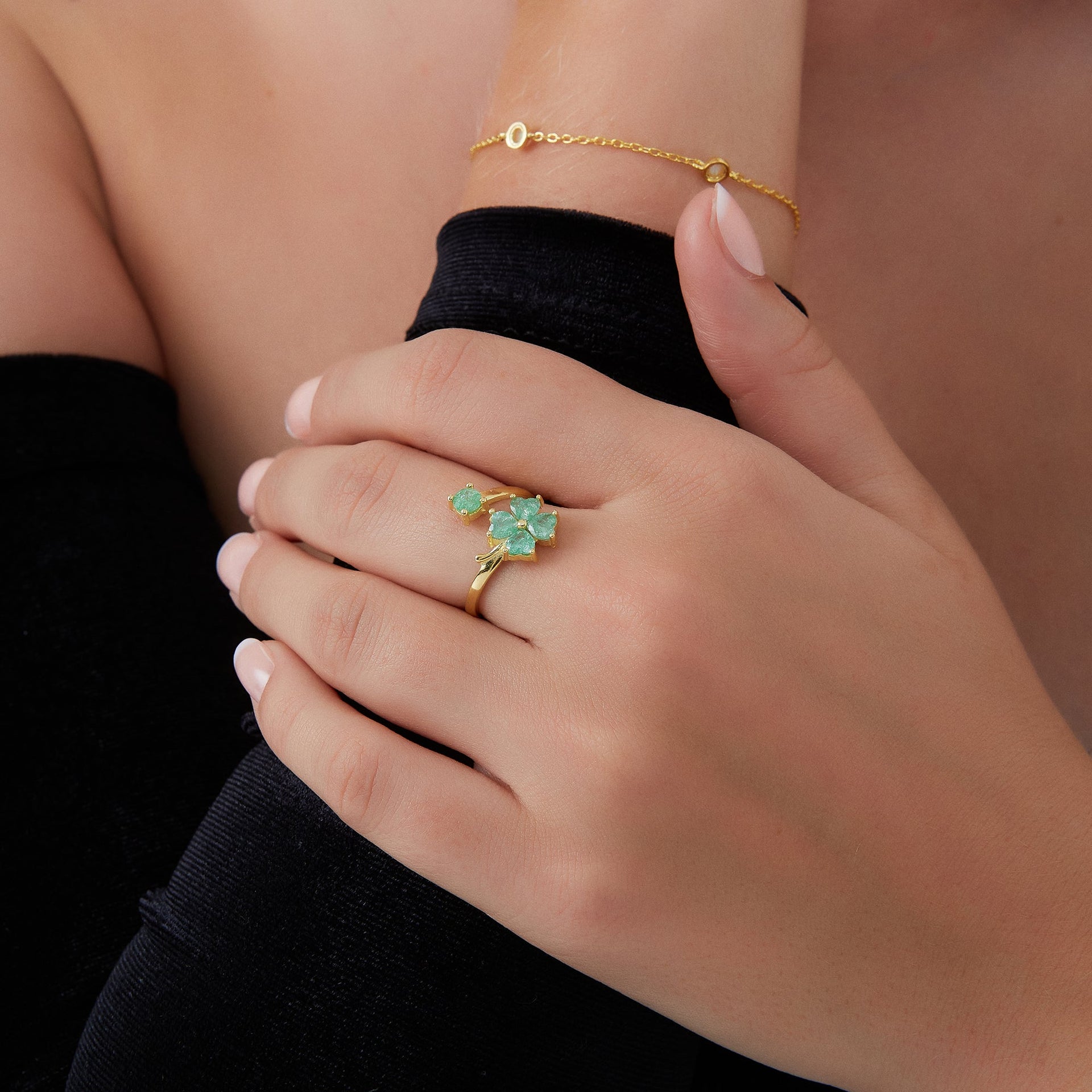 Green Four Leaves Clover Luck Ring Sterling Silver - Gold