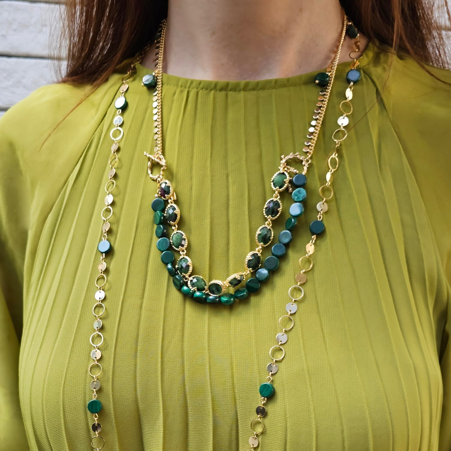 Green Gemstone With Chain Versatile Necklace