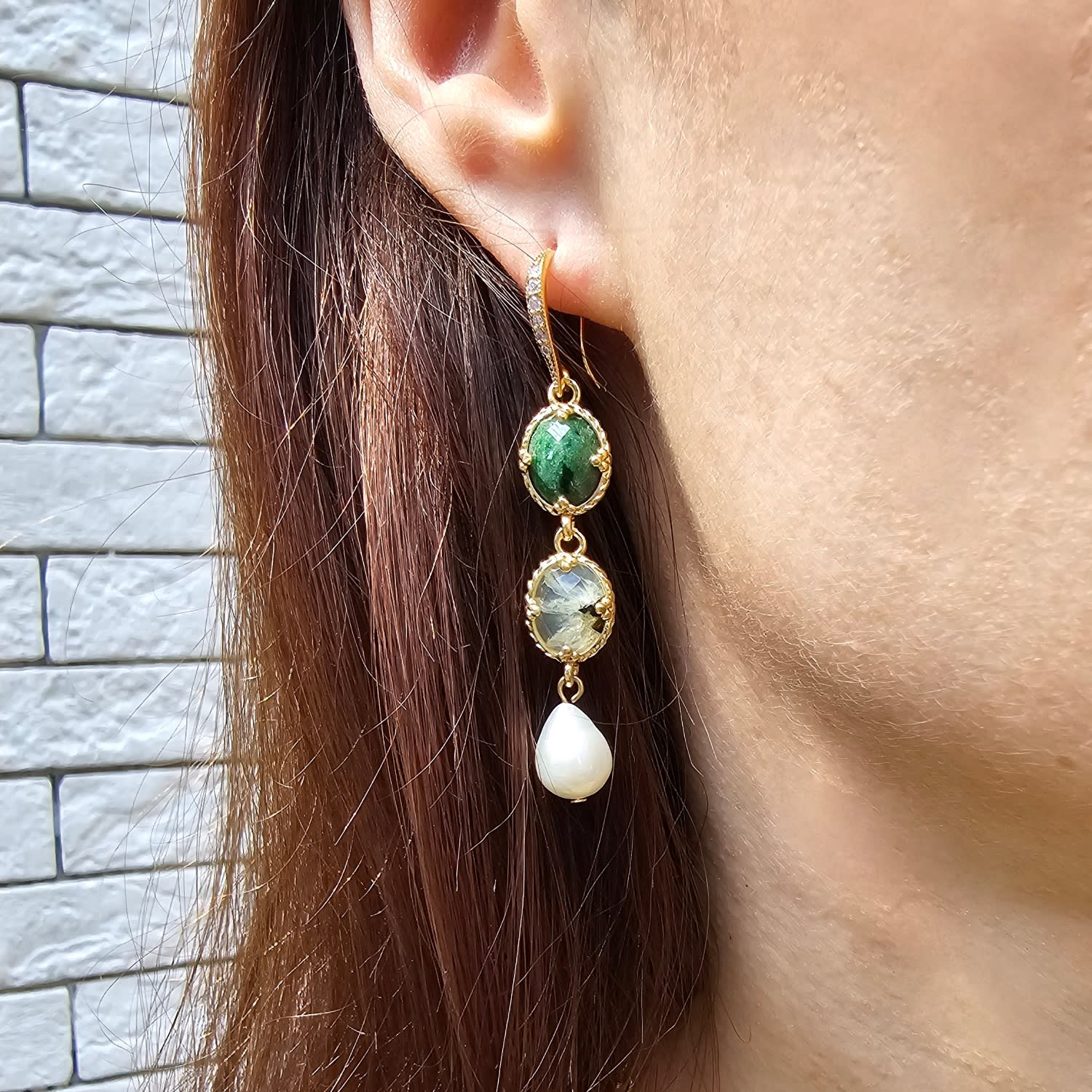Green Gemstone With White Pearls Dangle Earrings