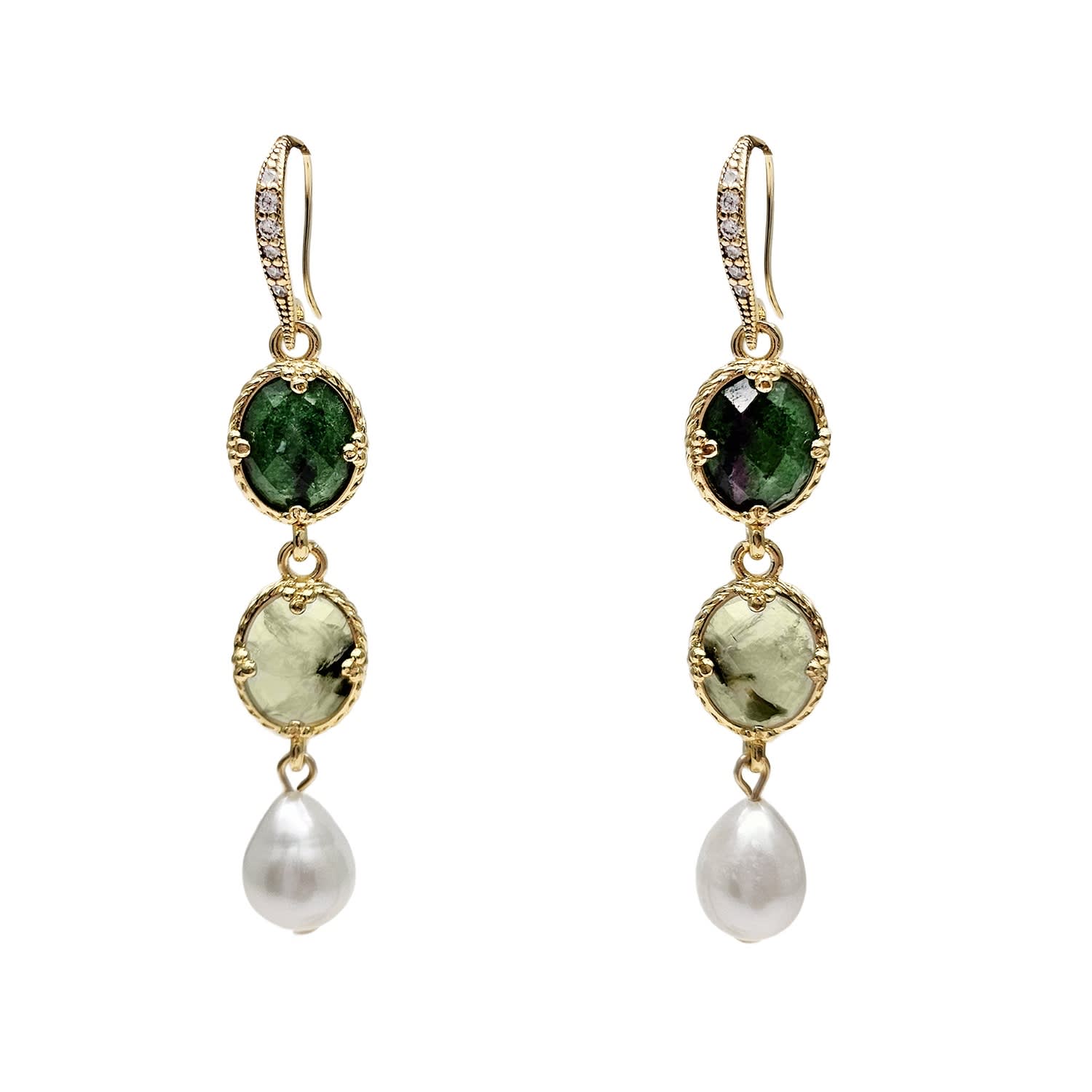 Green Gemstone With White Pearls Dangle Earrings