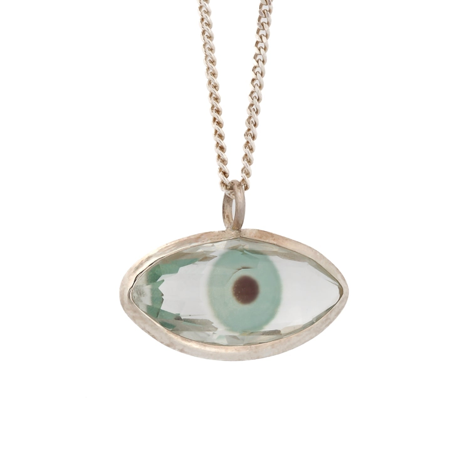 Green Evil Eye Pendant Positive Energy Sterling Silver Chain Necklace - Green