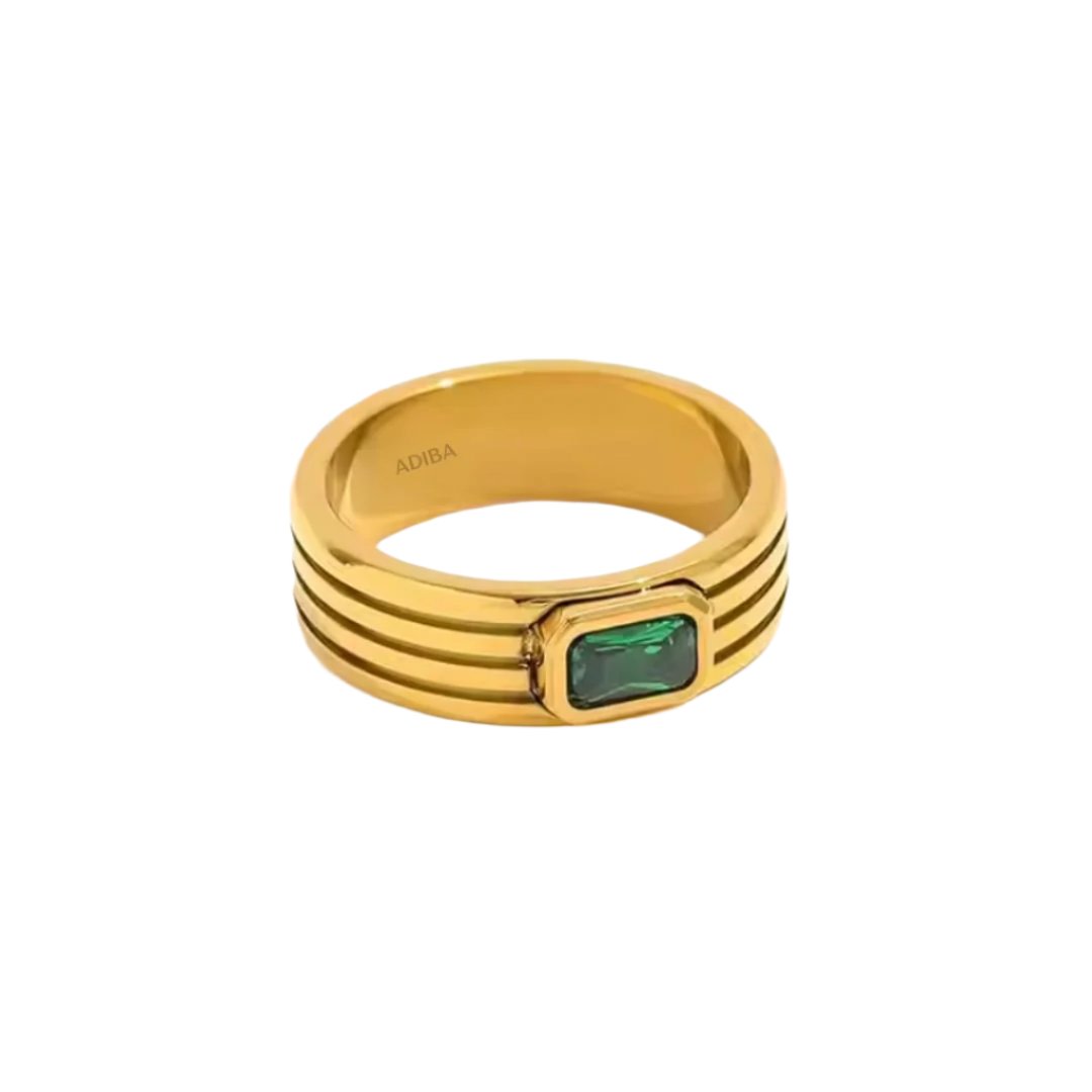 Green Glass Stone Gold Plated Stainless Steel Ring