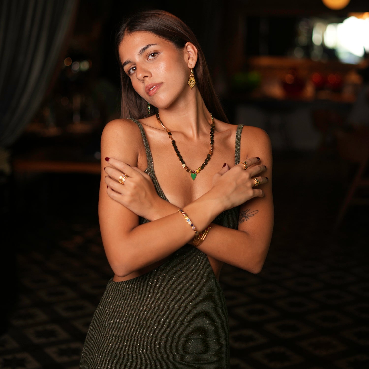 Green Heart Pendant Gold Hematite Stone Heart Shape Chain Necklace - Green