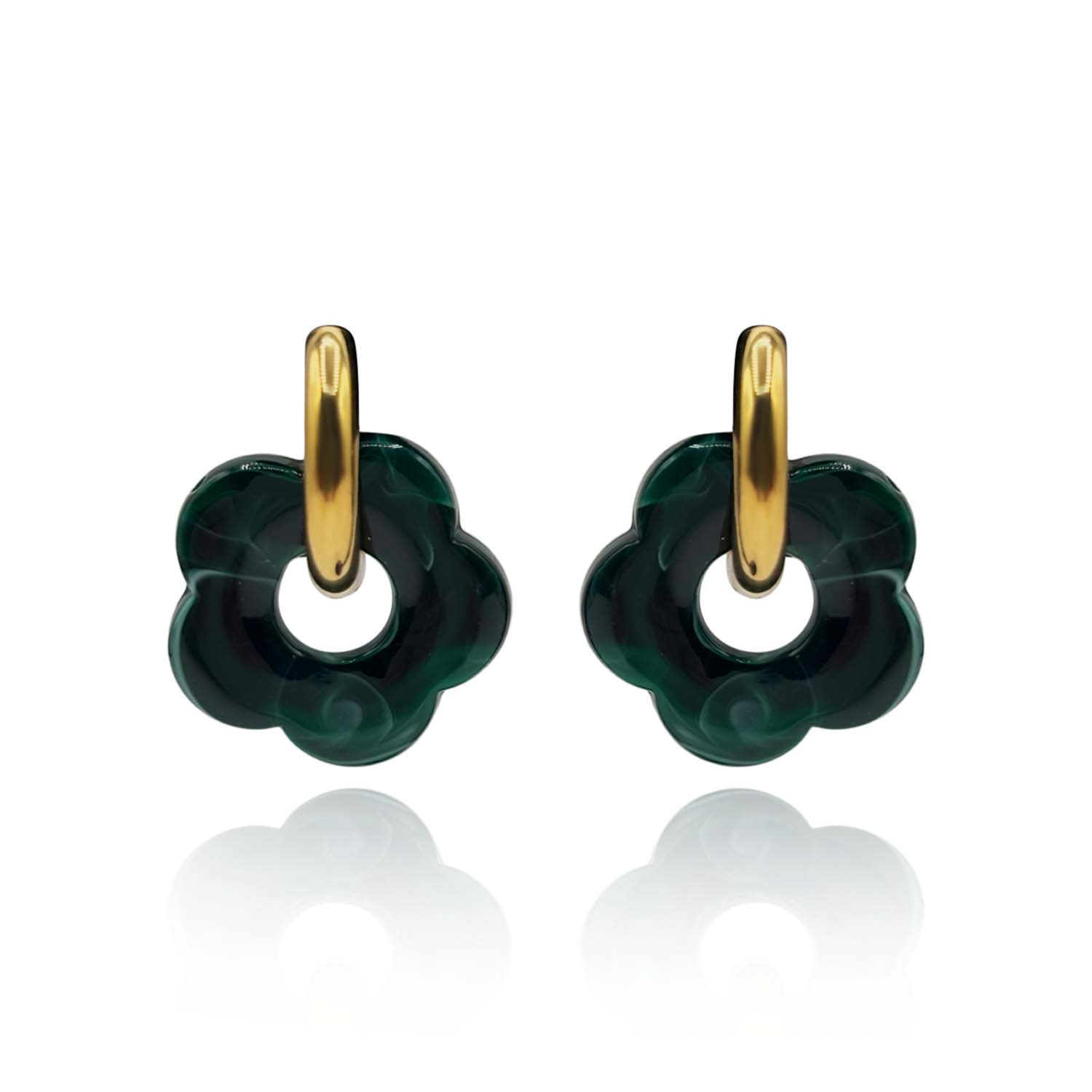 Green Malachite Resin Floral Drops On Gold Hoops