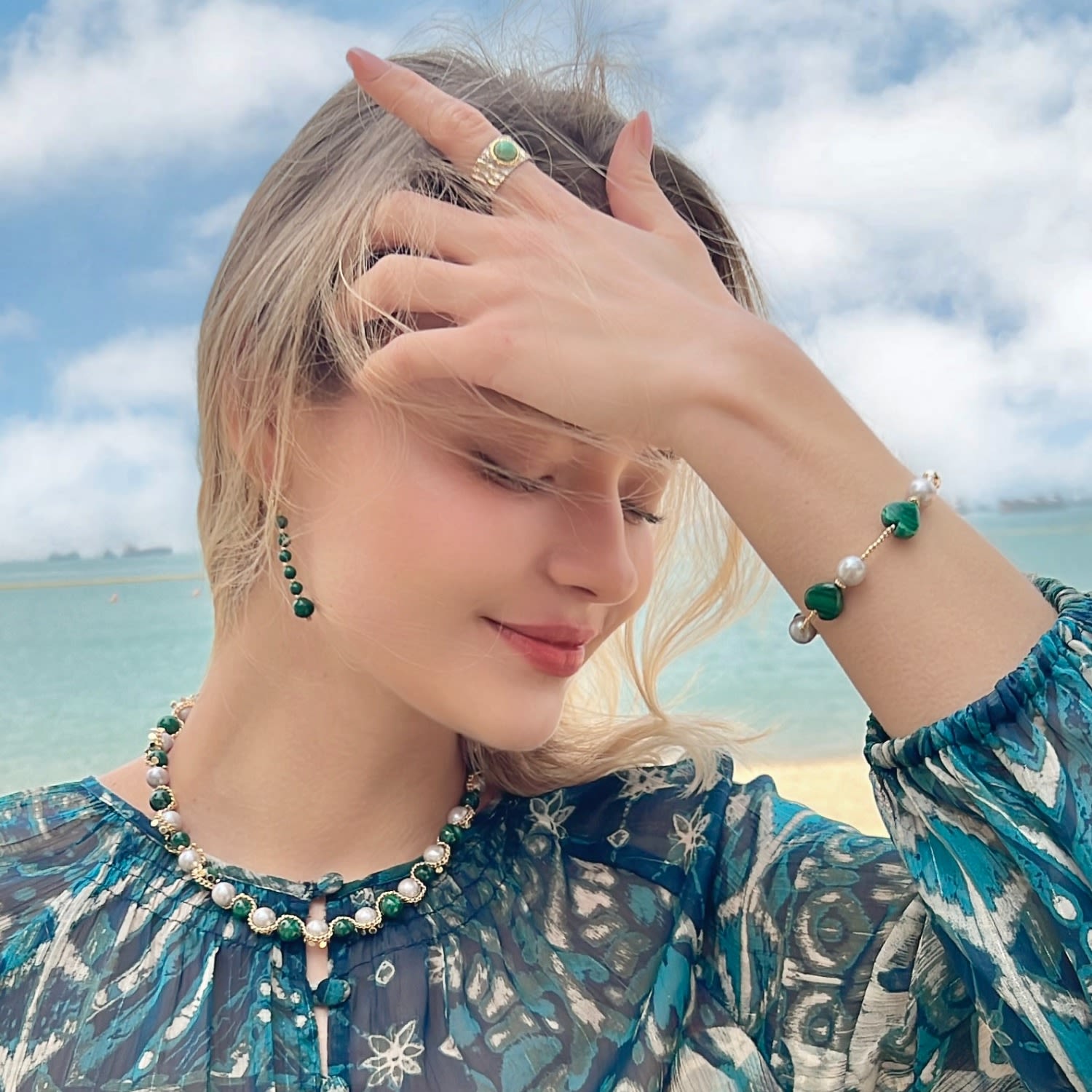 Green Malachite With Grey Freshwater Pearls Statement Necklace