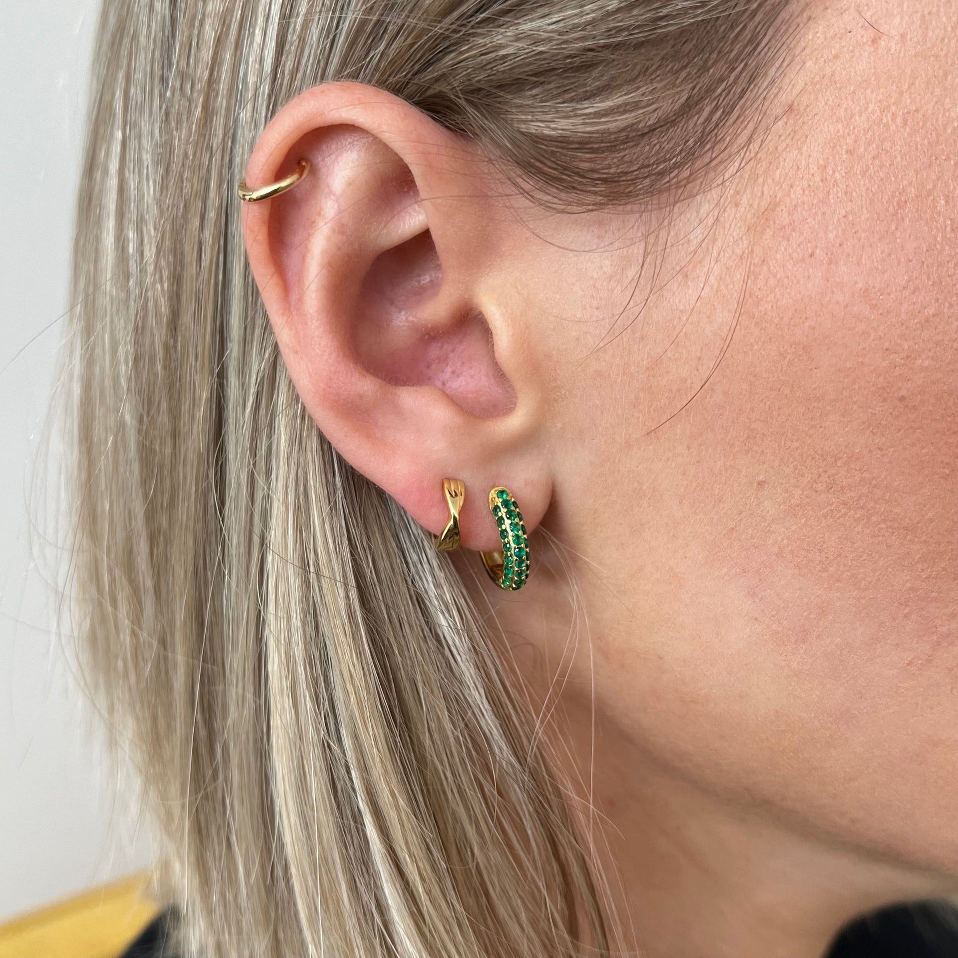 Green Pave Dome Gold Vermeil Huggie Earrings
