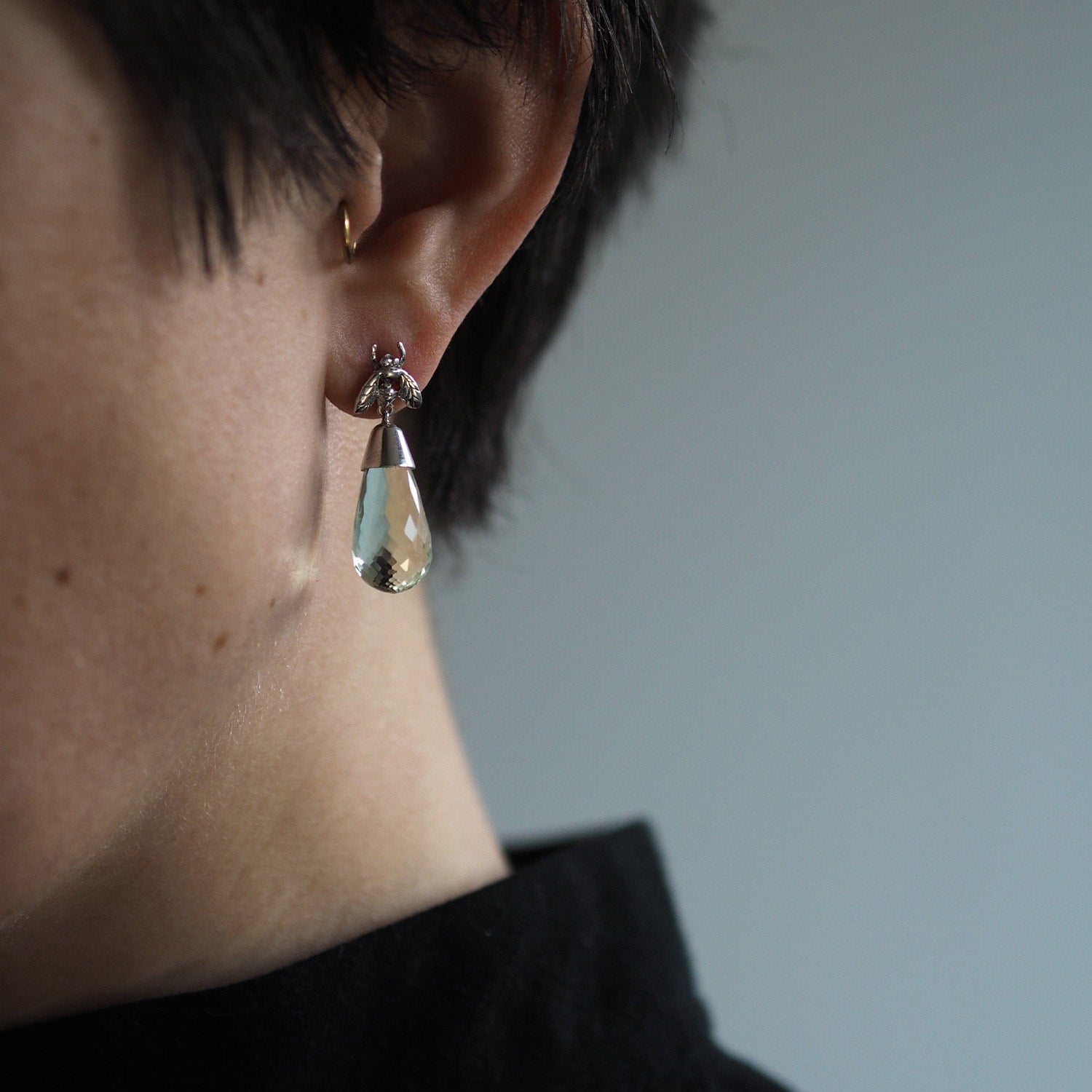 Green Quartz Briolette Little Fly Earrings 9Ct Gold