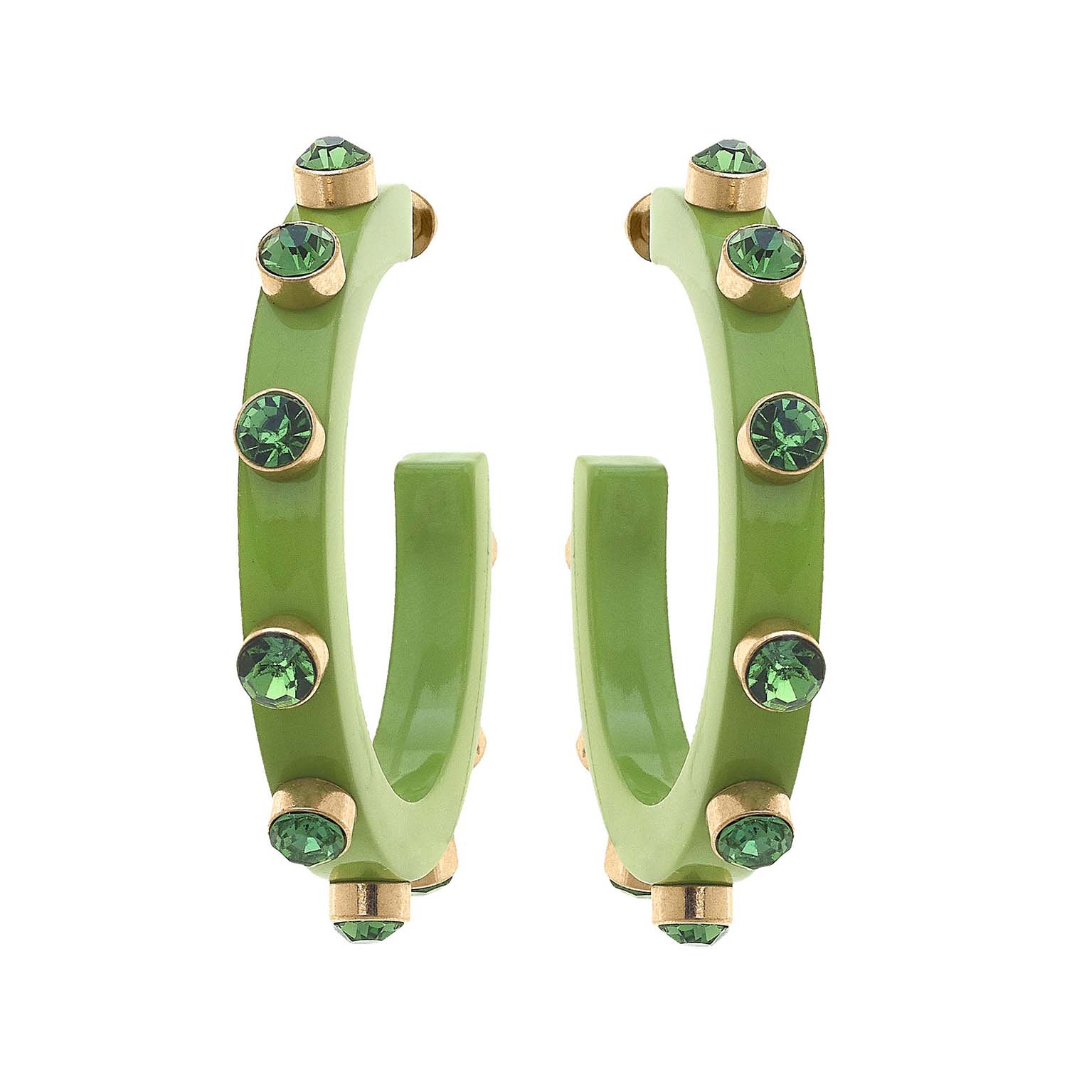 Green Resin Hoop Earrings Adorned With Green Crystal Stones