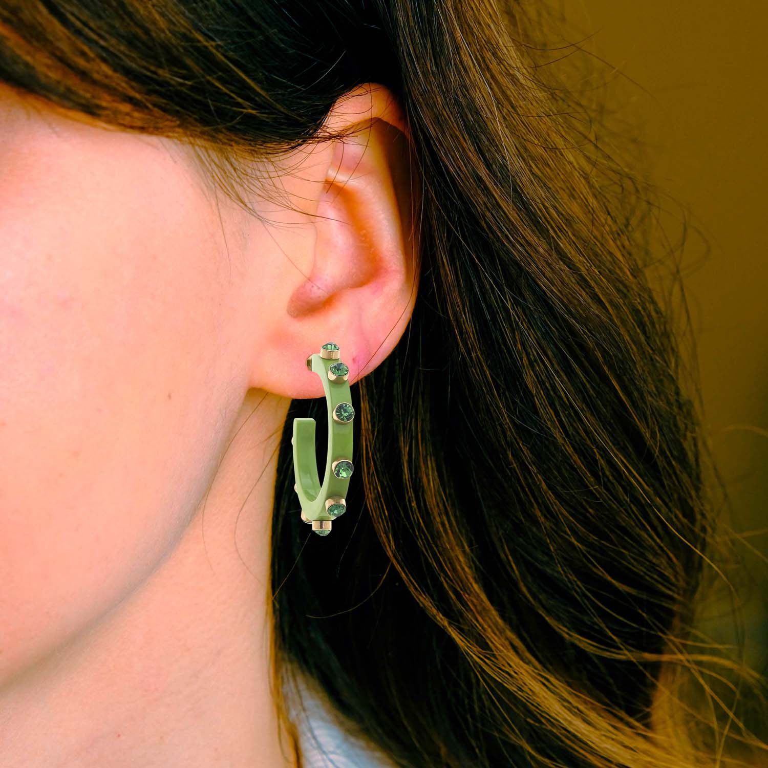 Green Resin Hoop Earrings Adorned With Green Crystal Stones