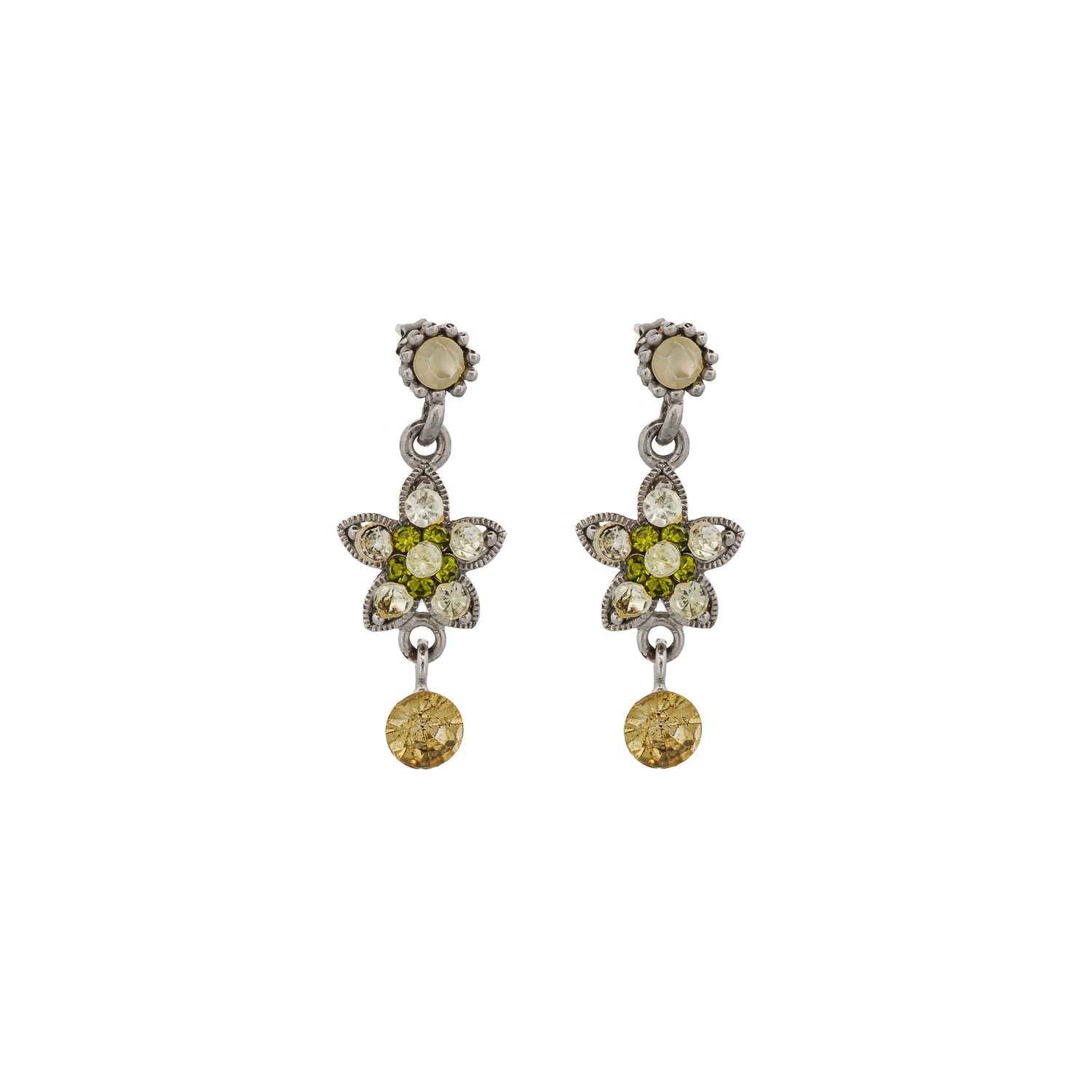 Green Sapphire & Diamond Vintage Floral Silver Earrings - Green