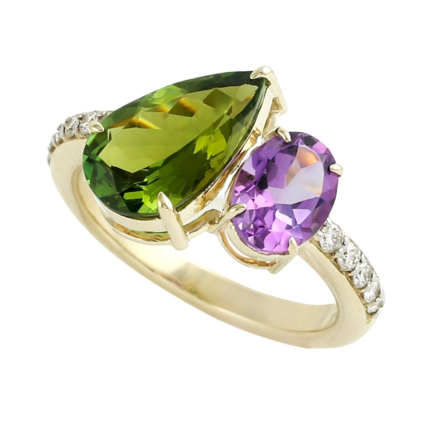 Green Tourmaline & Amethyst Gemstone Pave Diamond Band Ring In Gold