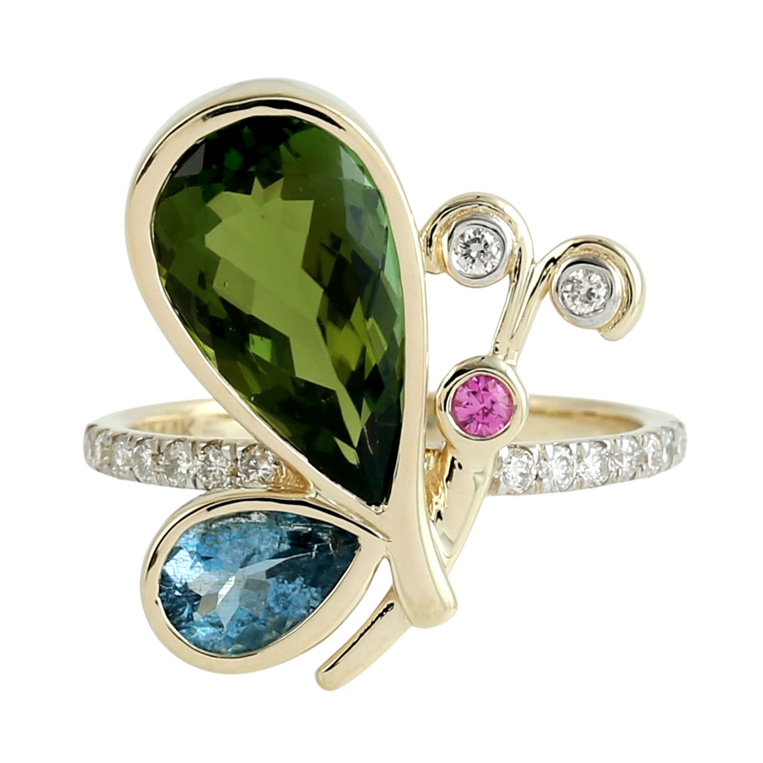Green Tourmaline & Aquamarine Pink Sapphire Pave Diamond Butterfly Ring In Gold