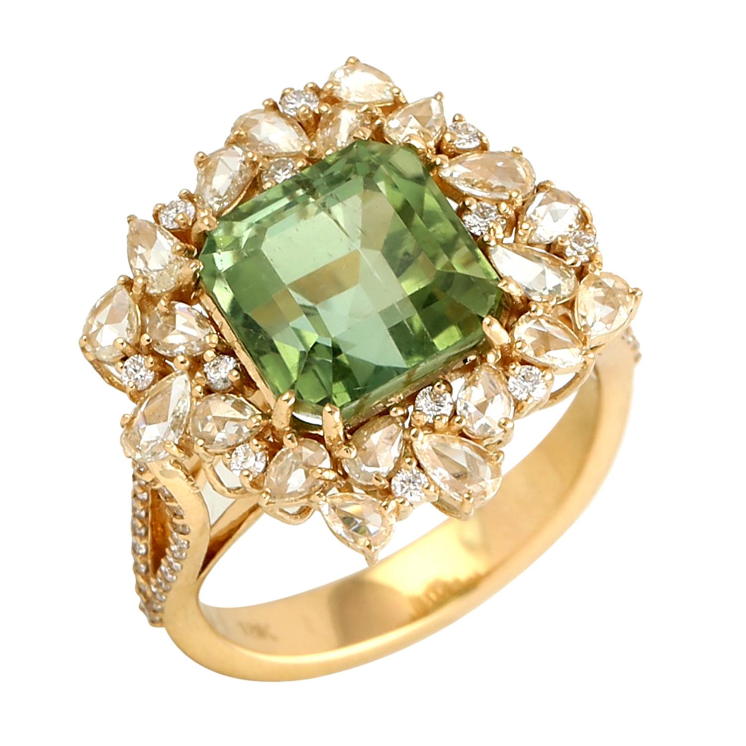Green Tourmaline Cocktail Ring With Prong Set Rose Cut Diamonds In Gold