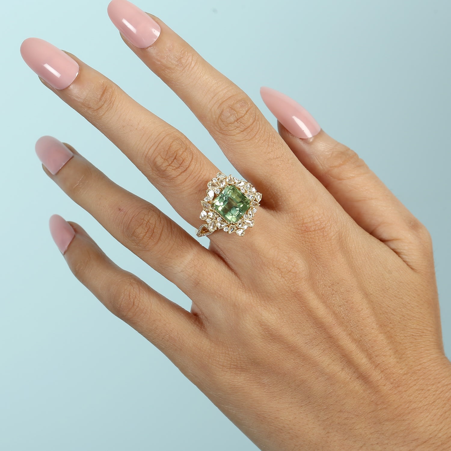 Green Tourmaline Cocktail Ring With Prong Set Rose Cut Diamonds In Gold
