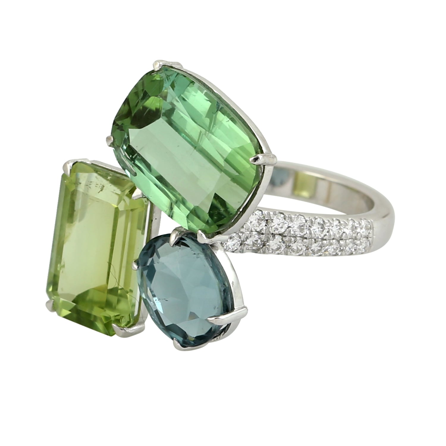 Green Tourmaline Trio Ring With Pave Diamonds In 18K White Gold