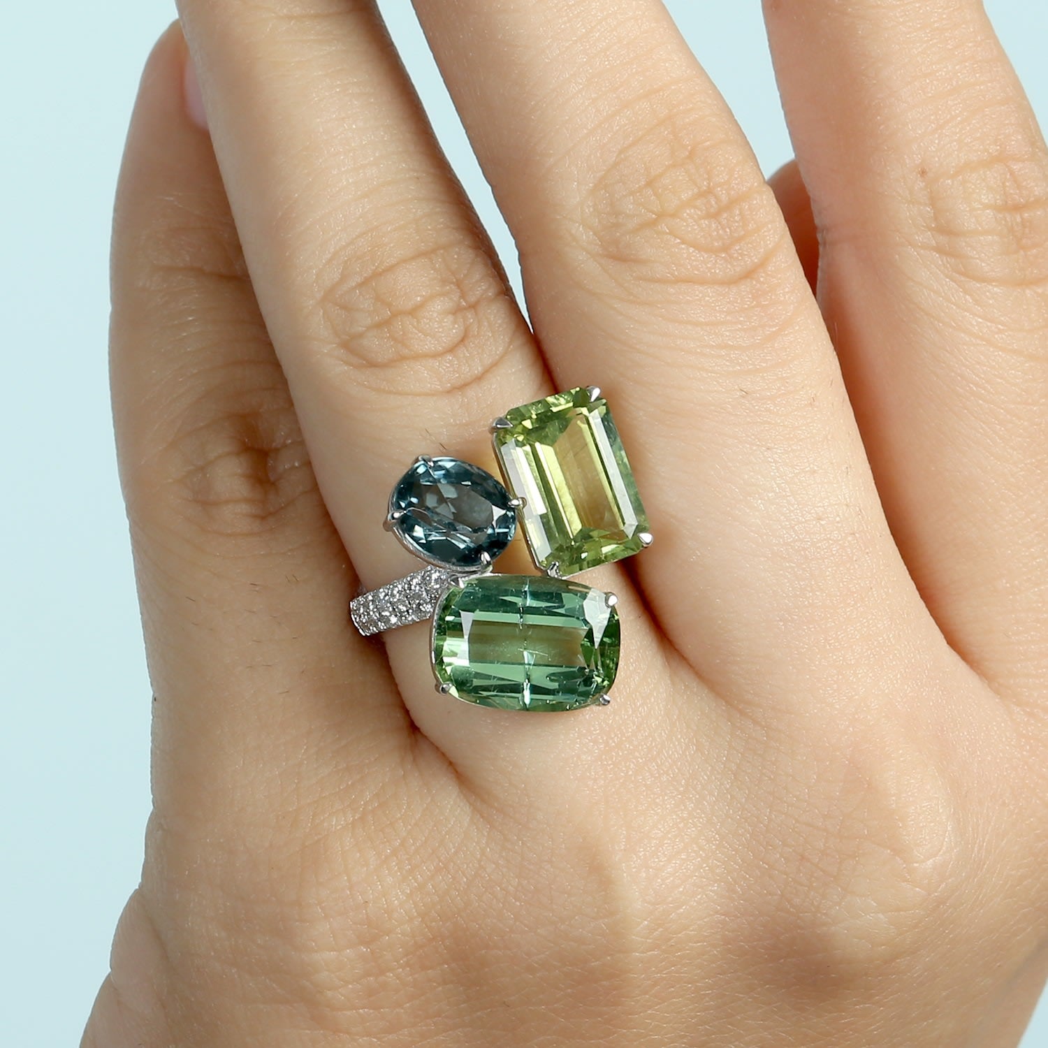 Green Tourmaline Trio Ring With Pave Diamonds In 18K White Gold