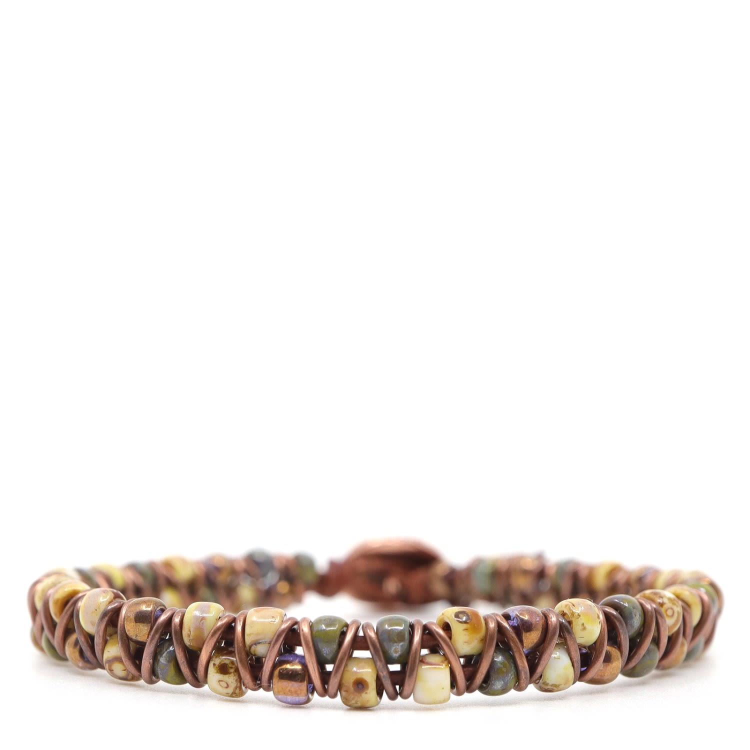 Green, Yellow & Brown Czech Picasso & Red Brown Leather Bracelet