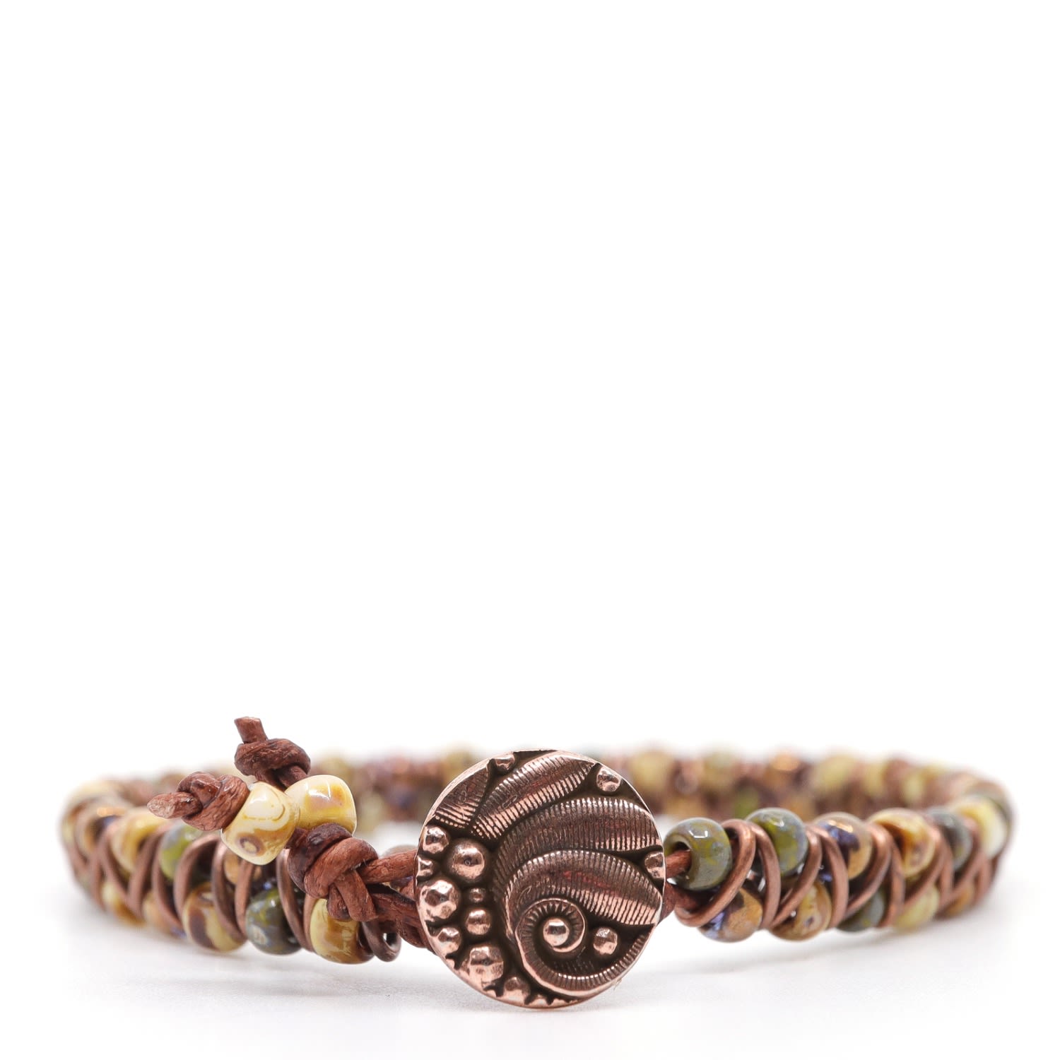 Green, Yellow & Brown Czech Picasso & Red Brown Leather Bracelet