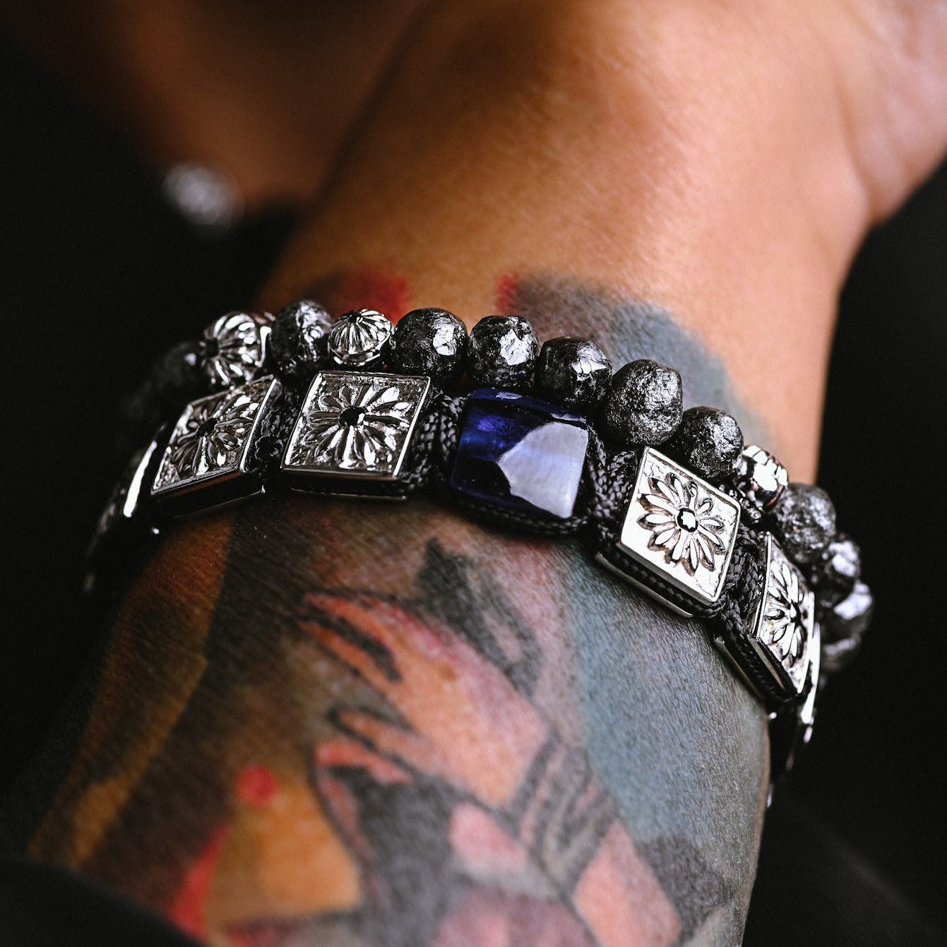 Silver Flat-Bead Bracelet With Blue Sapphire In Black - The Guardian