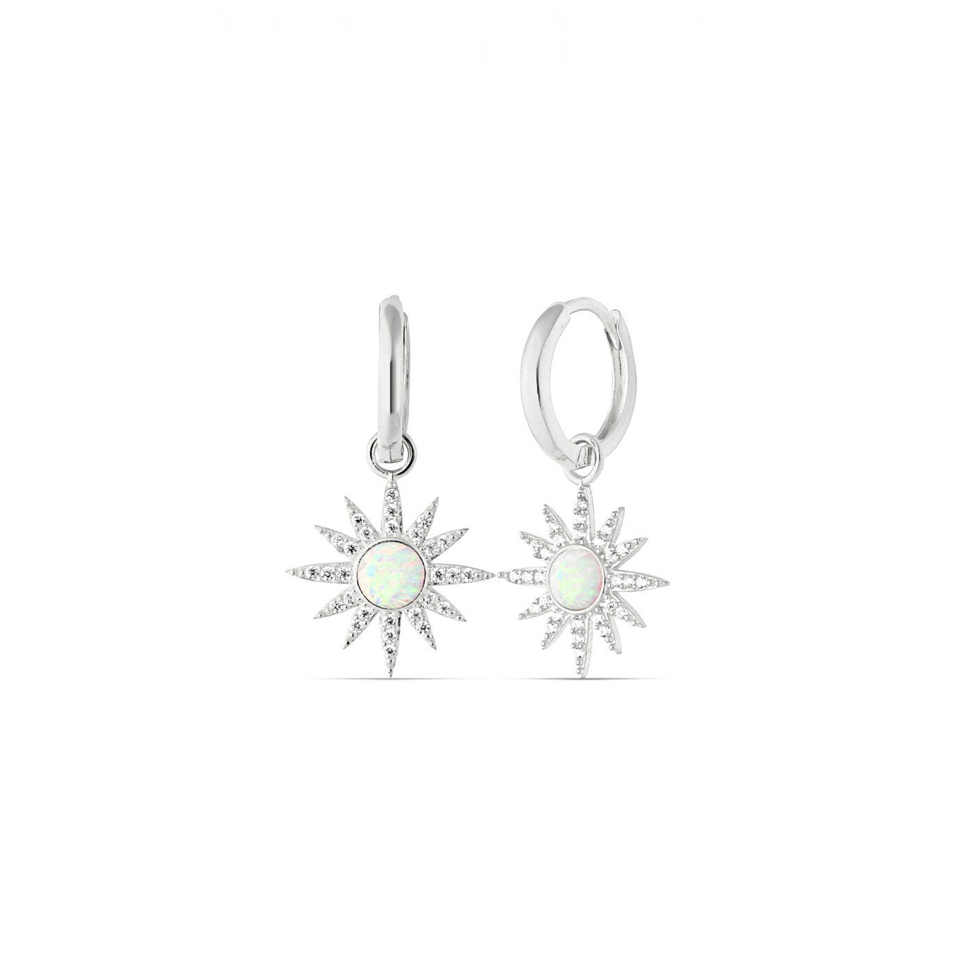 Drop Hoop Sun White Opal Earring Sterling Silver - Silver
