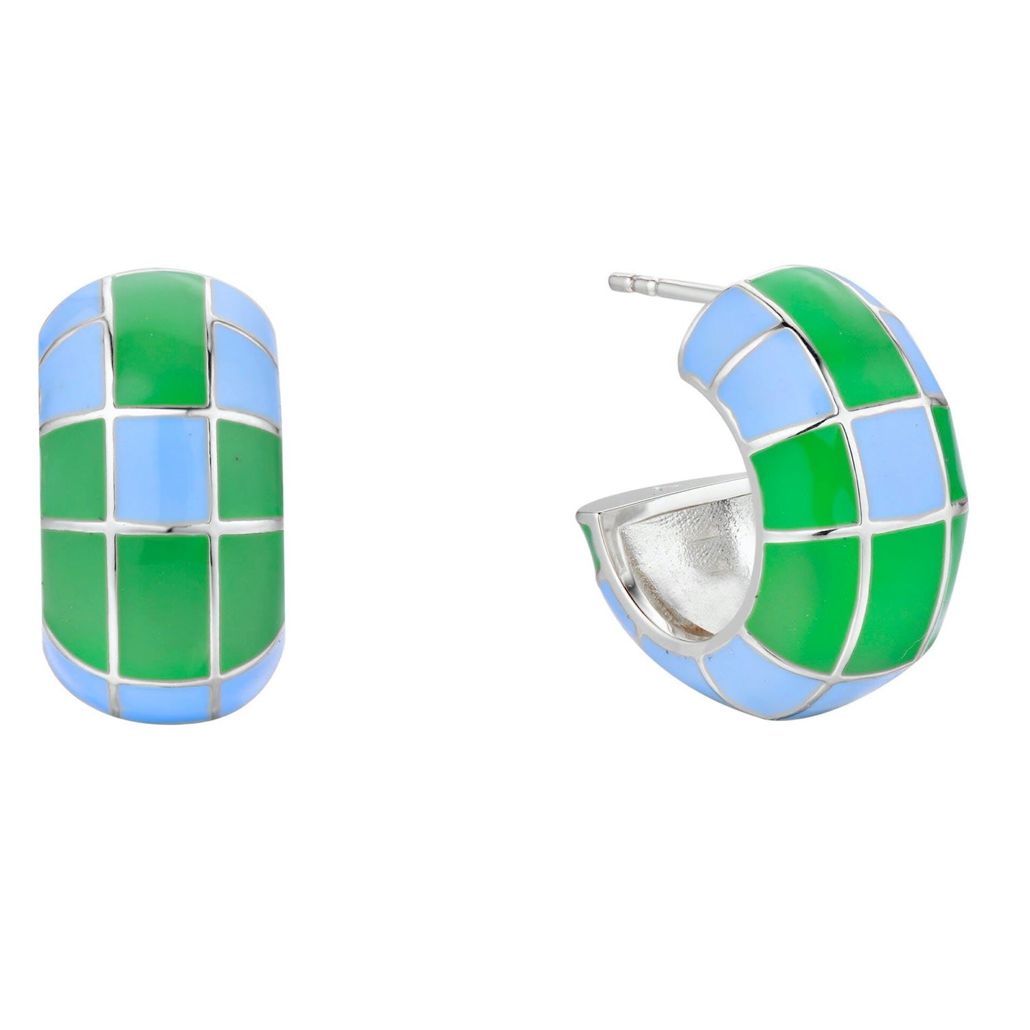 Annie Apple Groove Chunky Sterling Silver Blue Green Enamel Hoop Earrings