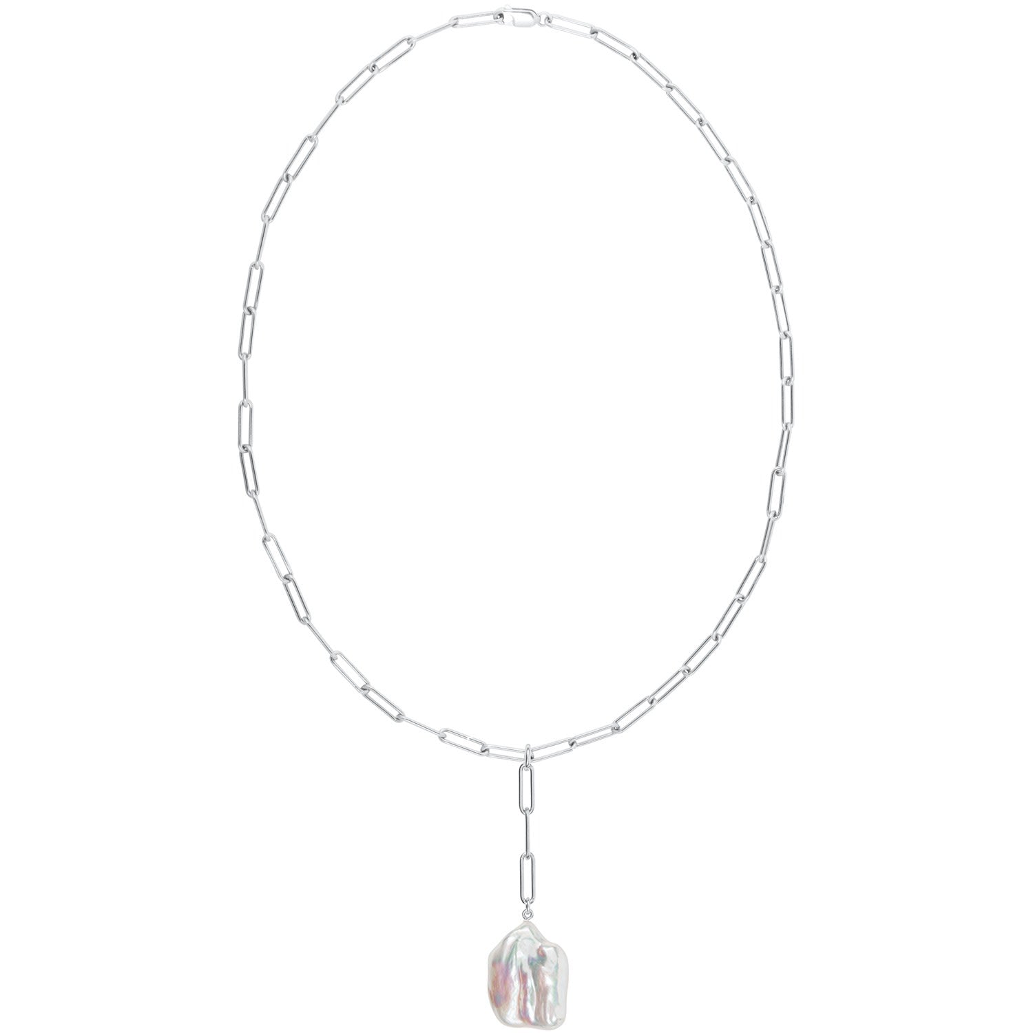 Aetia Lariat Flat Baroque Pearl Chain Necklace - Silver