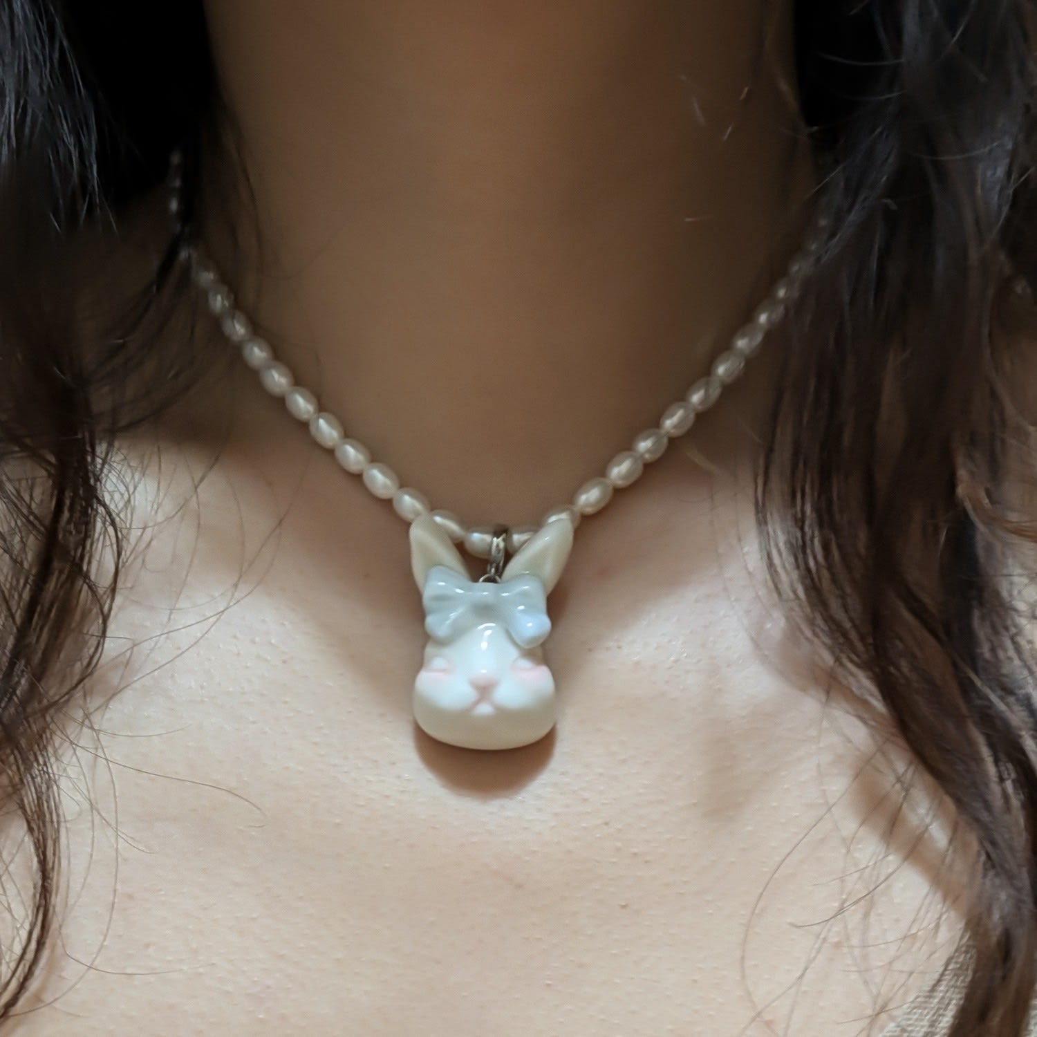 Grumpy Bunny Light Misty Blue Bow Tie Freshwater Pearl Necklace