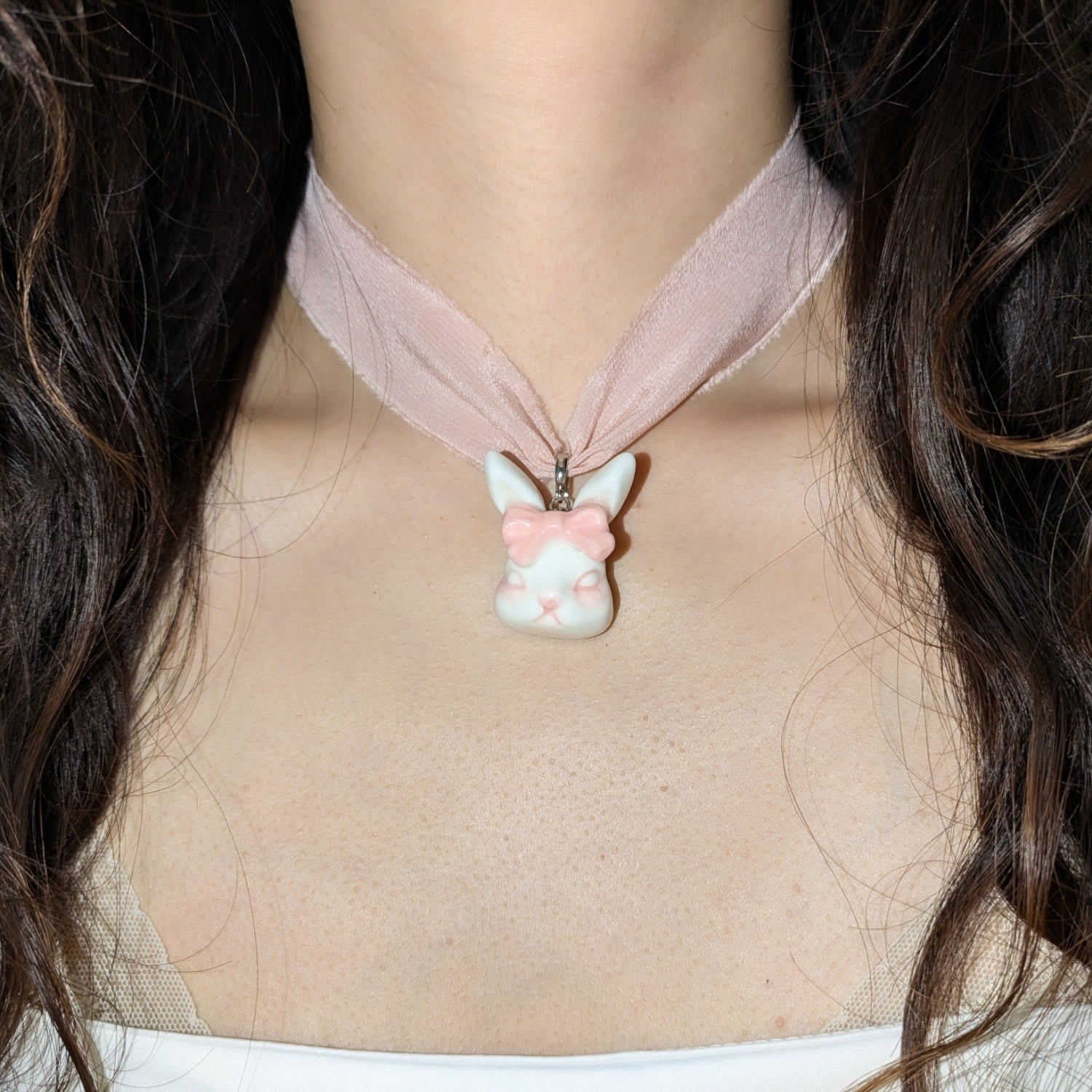 Grumpy Bunny Light Pink Silk Choker Necklace