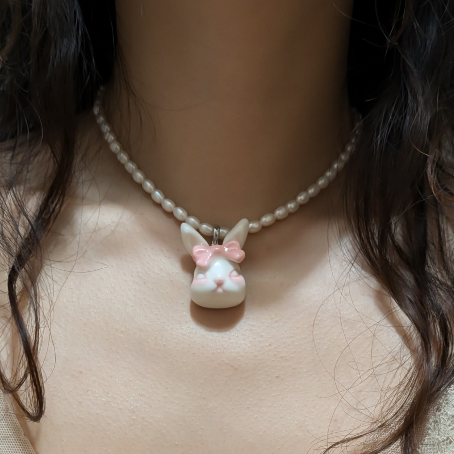Grumpy Bunny Pinky Bow Tie Freshwater Pearl Necklace