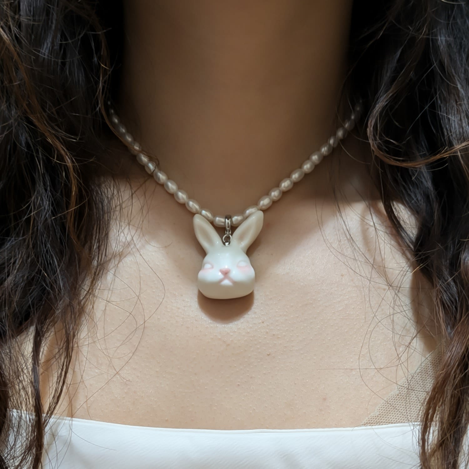 Grumpy Bunny Porcelain Freshwater Pearl Necklace