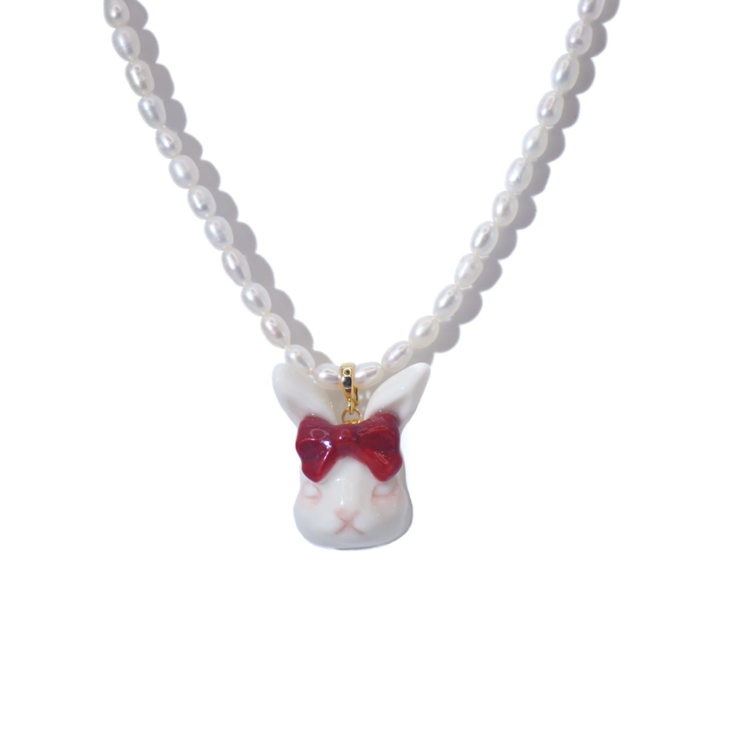 Grumpy Bunny Ruby Bow Tie Freshwater Pearl Necklace