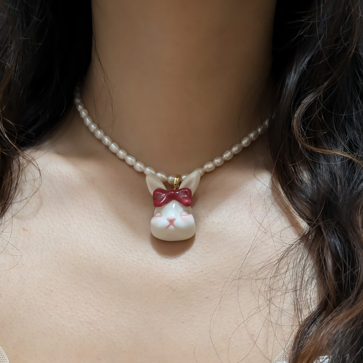 Grumpy Bunny Ruby Bow Tie Freshwater Pearl Necklace