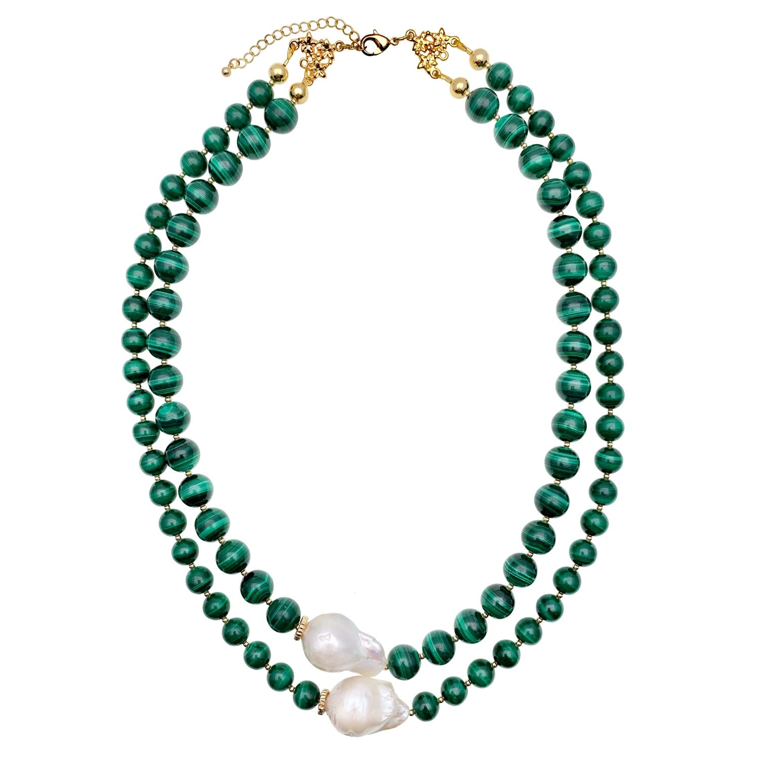 Malachite With Baroque Pearls Double Strands Necklace