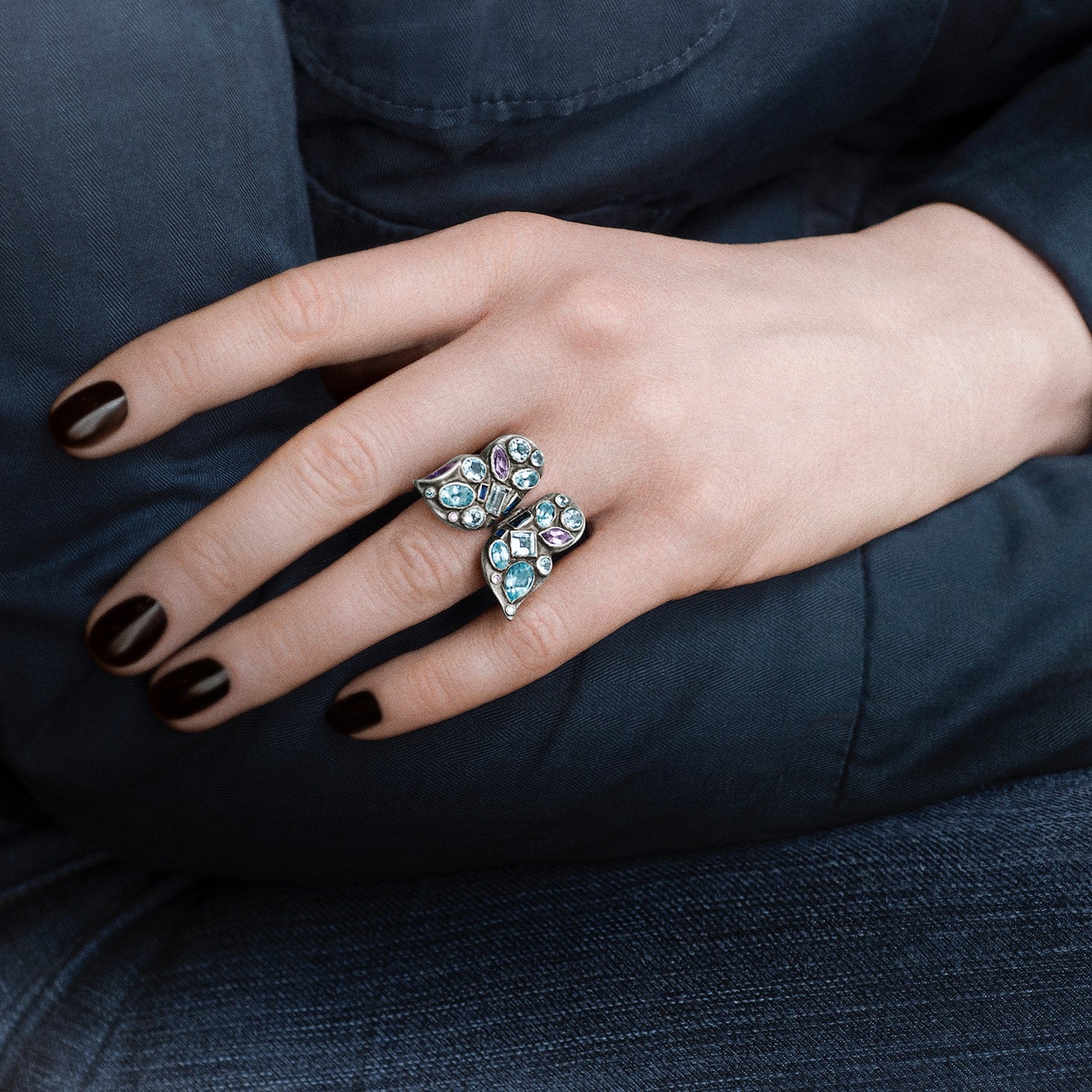 Butterfly Ring With Gemstones In Sterling Silver