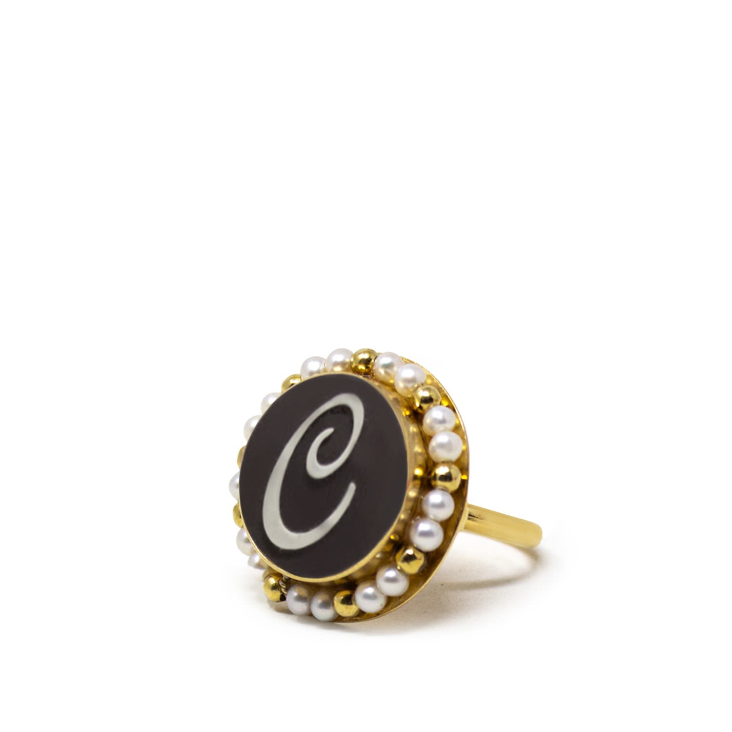 Black Initial C Cameo Ring With Pearls