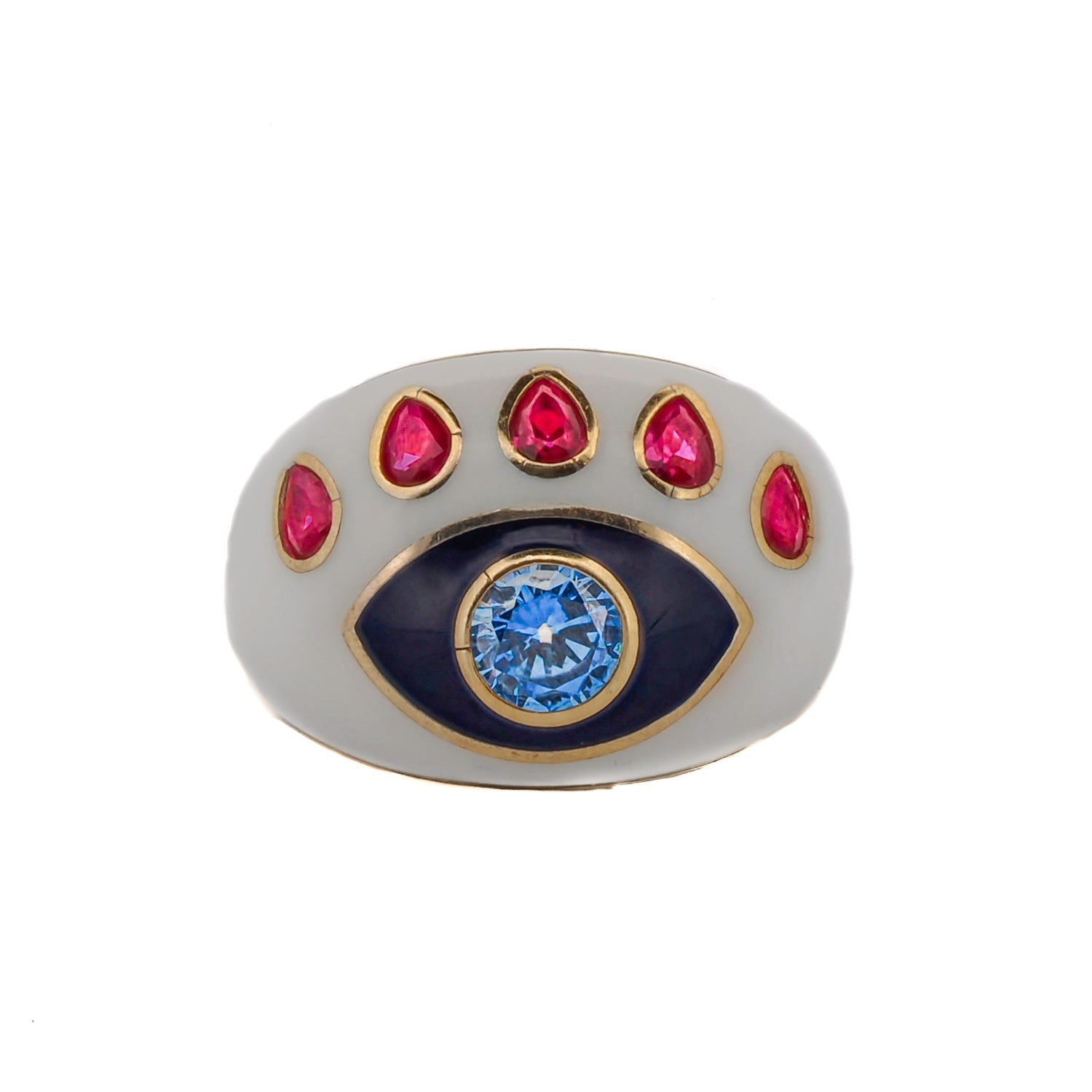 Guardian Blue Topaz & Ruby Evil Eye White Enamel Adjustable Ring - White