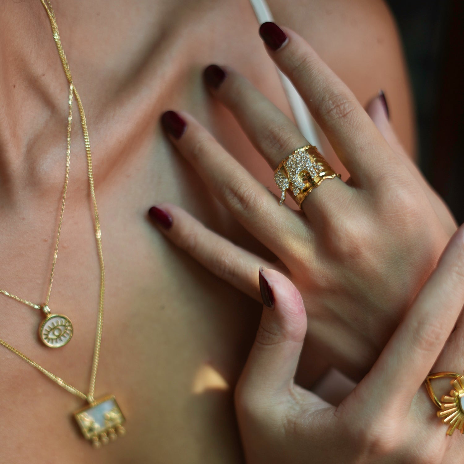 Guardian Diamond Elephant Gold Chunky Adjustable Ring - Gold