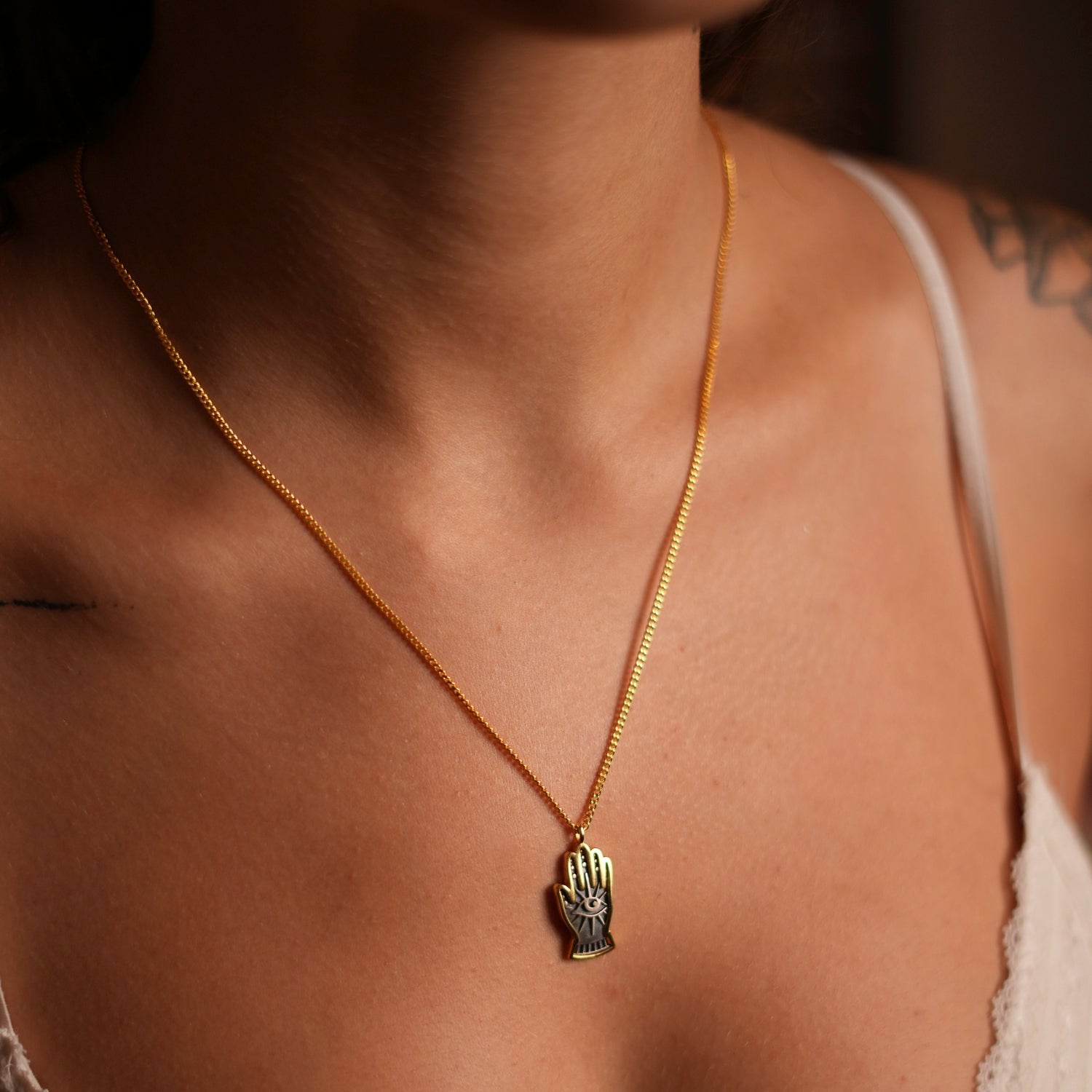 Energy Flow Hamsa Hand Evil Eye Pendant Gold Chain Necklace - Gold