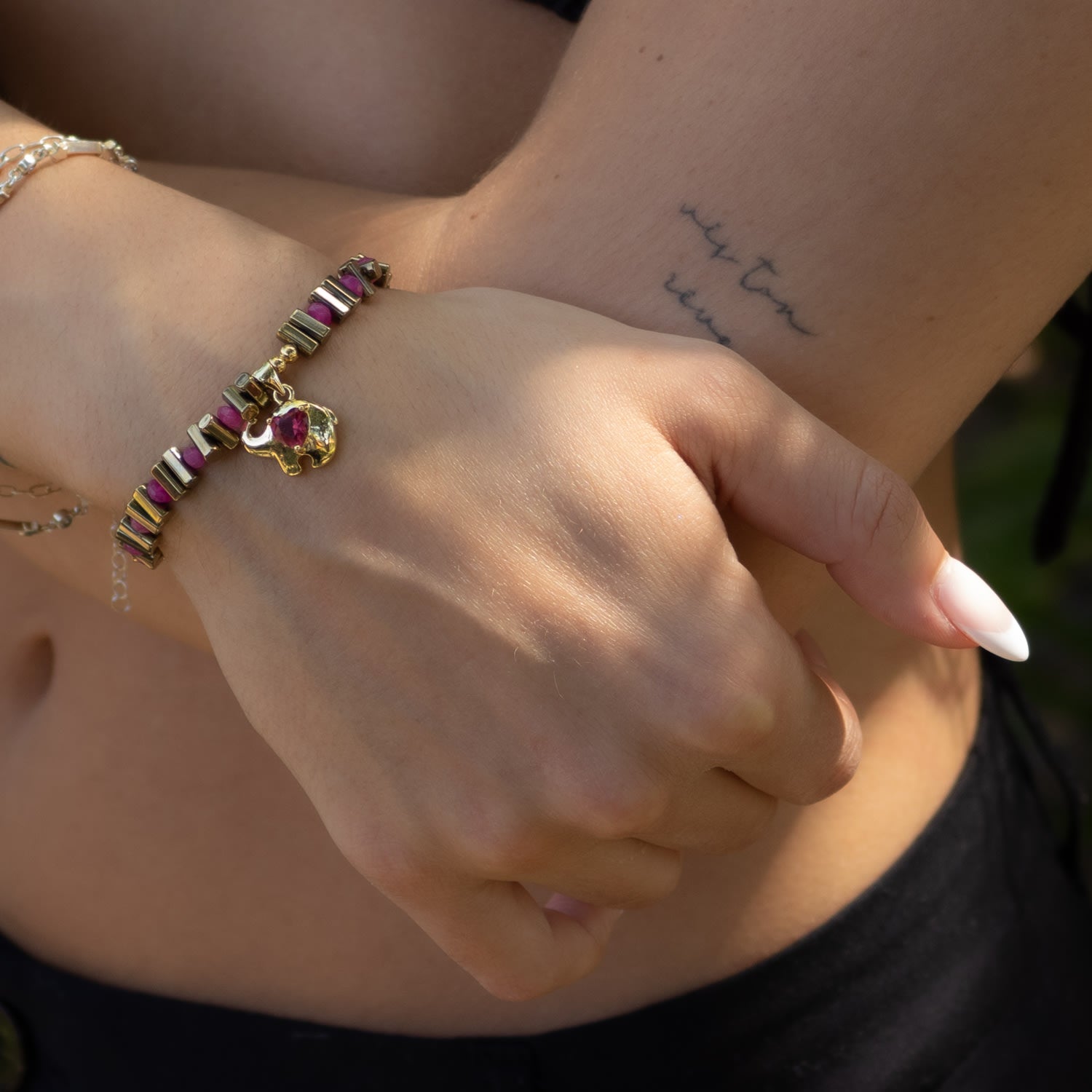 Guardian Love Ruby Heart & Gold Elephant Bracelet - Pink