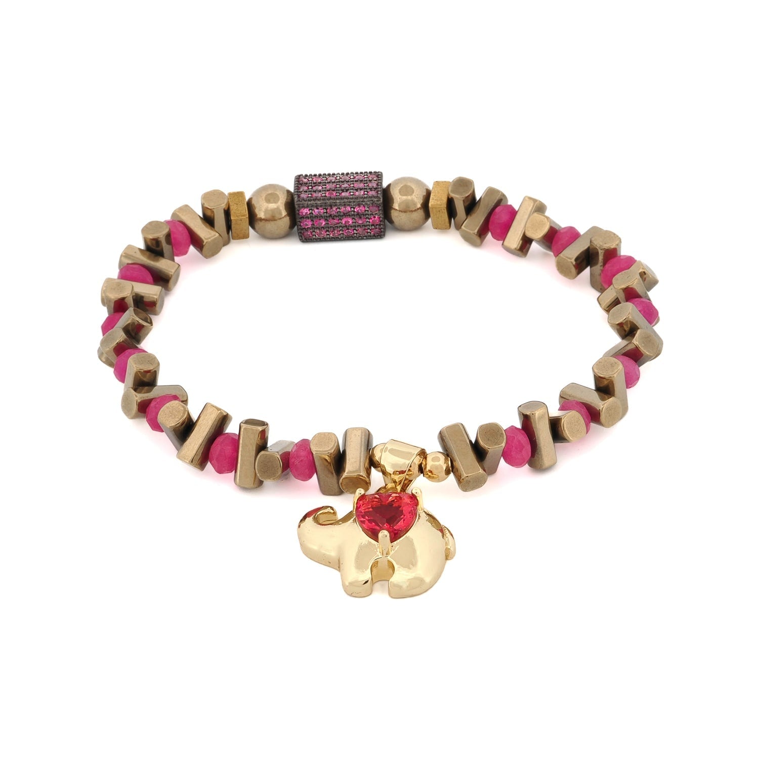 Guardian Love Ruby Heart & Gold Elephant Bracelet - Pink